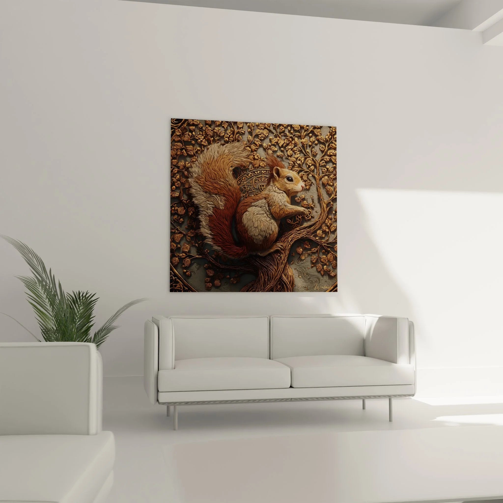 Detailaufnahme des Relief Wandbild Eichhörnchen zeigt feine Goldgravuren und Texturen des Fells