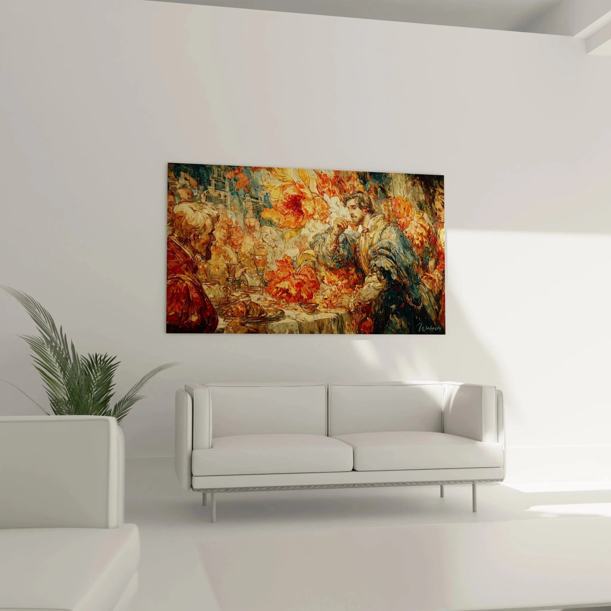 Detailansicht Renaissance Wandbild Tafelrunde mit kunstvollen Texturen und prächtigen Farbnuancen