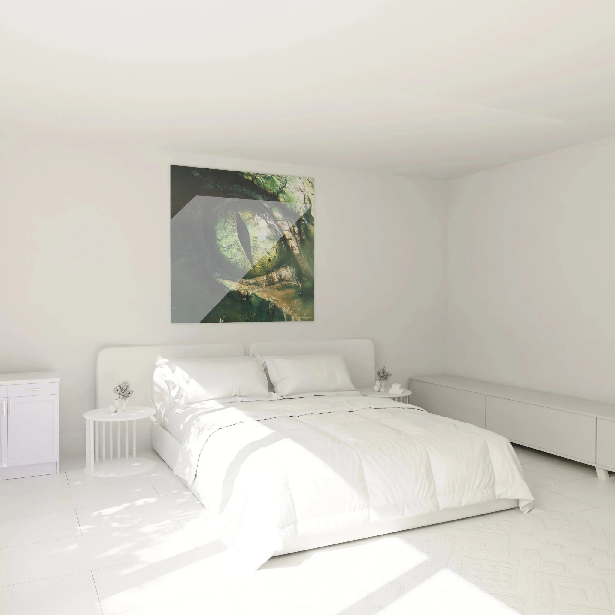 Reptilienauge Wandbild in modernem Schlafzimmer - Tierauge Wanddekoration Grün