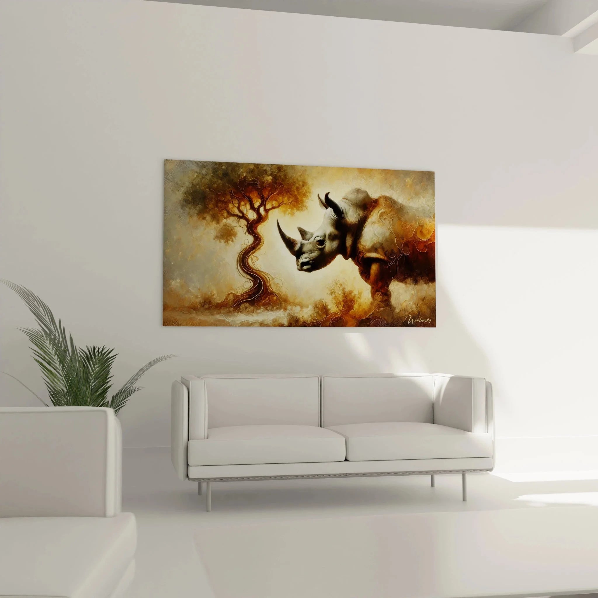 Detailansicht Rhinozeros Wandkunst mit spirituellen Ornamenten und traumhaften Elementen