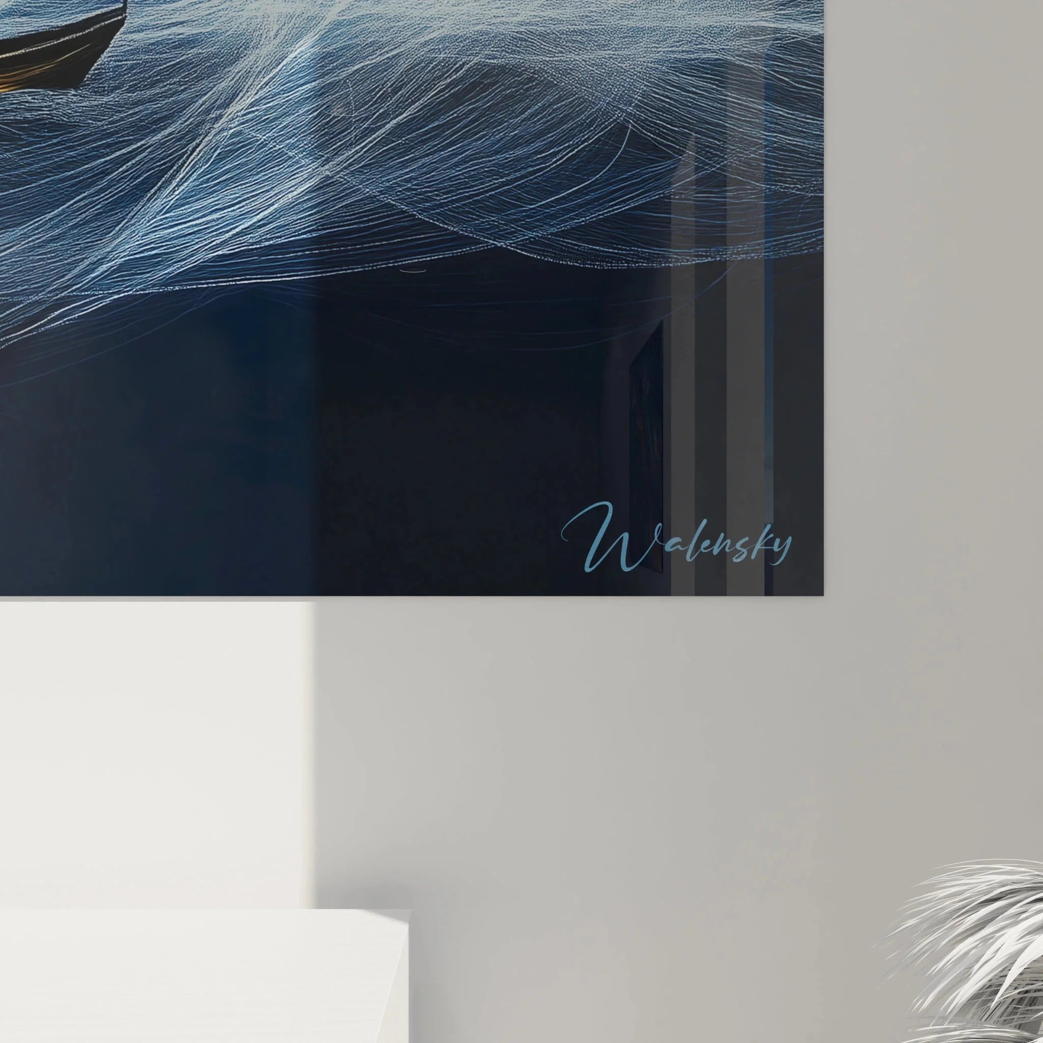 Gesamtansicht romantische Seelandschaft Wandbild mit drei Fischerbooten im mystischen Mondlicht