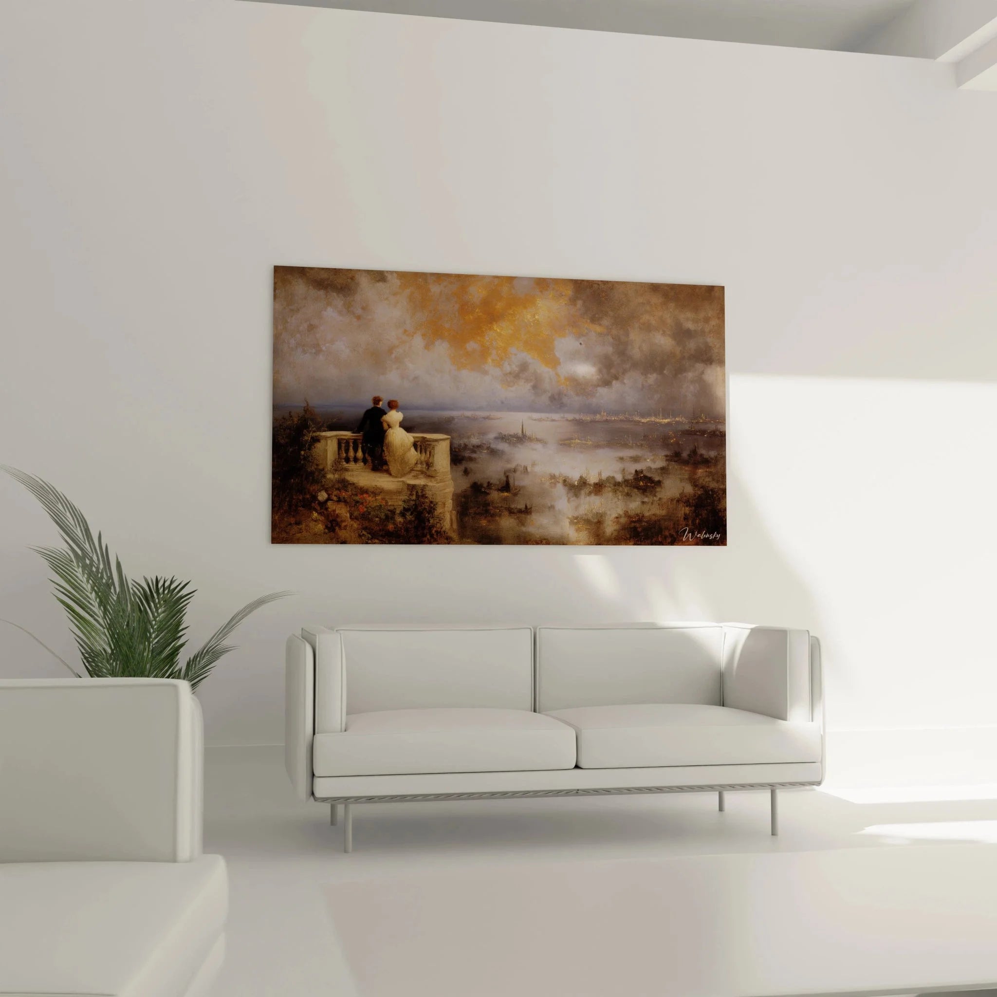 Detailansicht romantisches Wandbild mit Paar auf Balkon und dramatischem Himmel Romantik