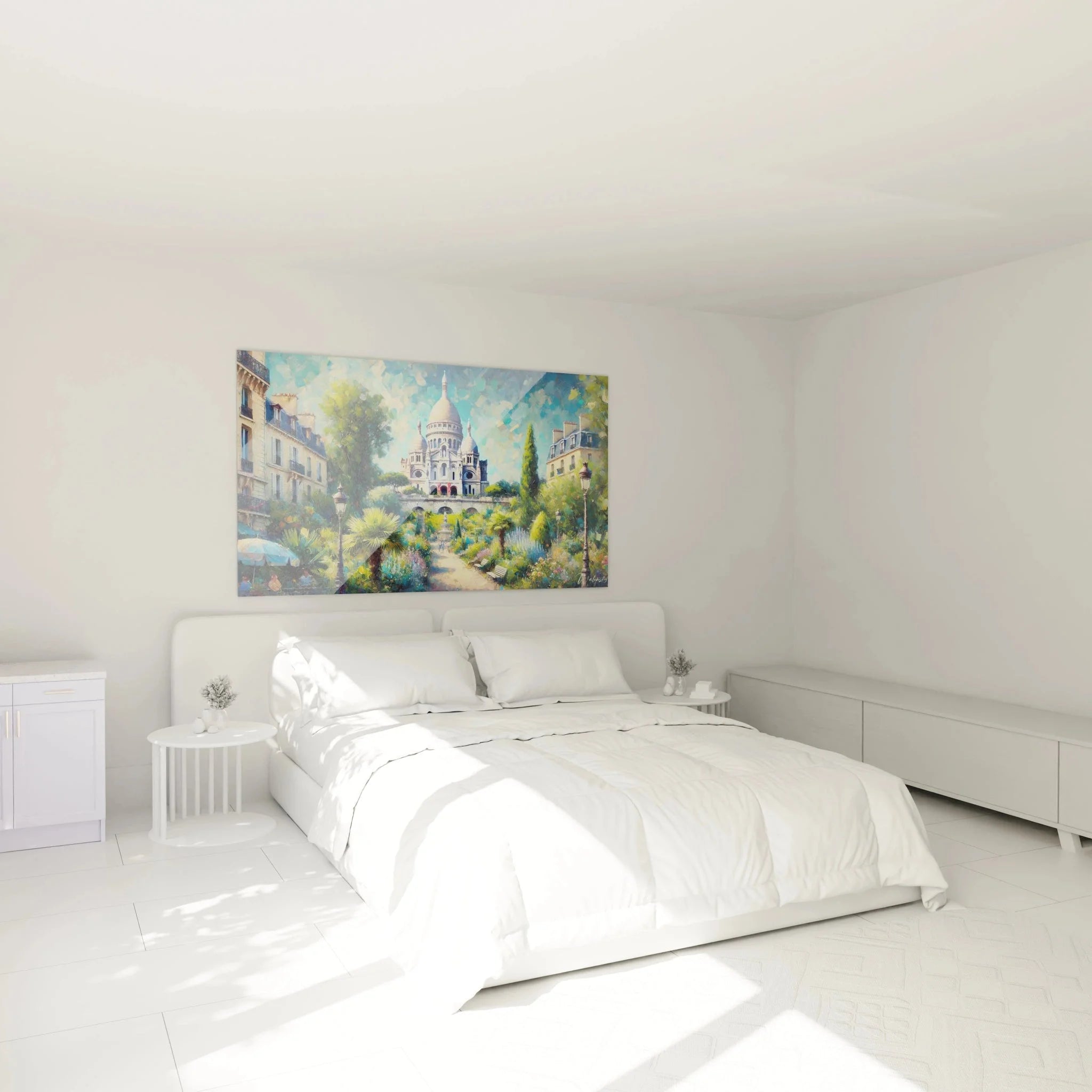 Sacré-Cœur Wandbild XXL in modernem Schlafzimmer - Pariser Montmartre Dekoration als Wandkunst
