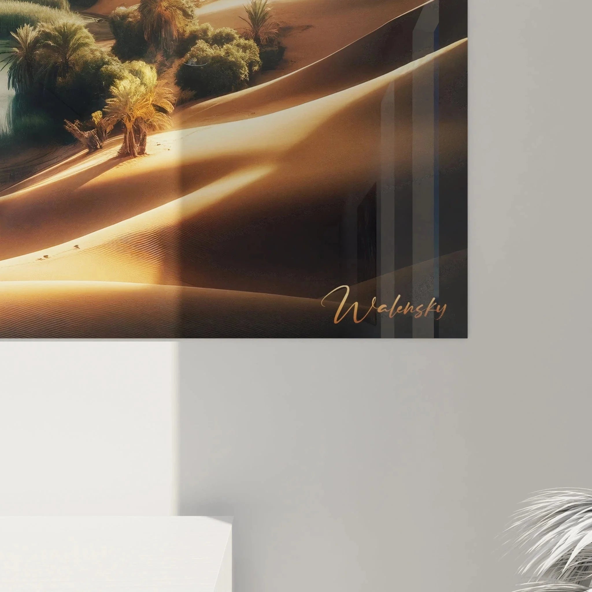 Gesamtansicht Sahara Wandbild XXL mit Oase, Sanddünen und Kamelkarawane im Wohnraum