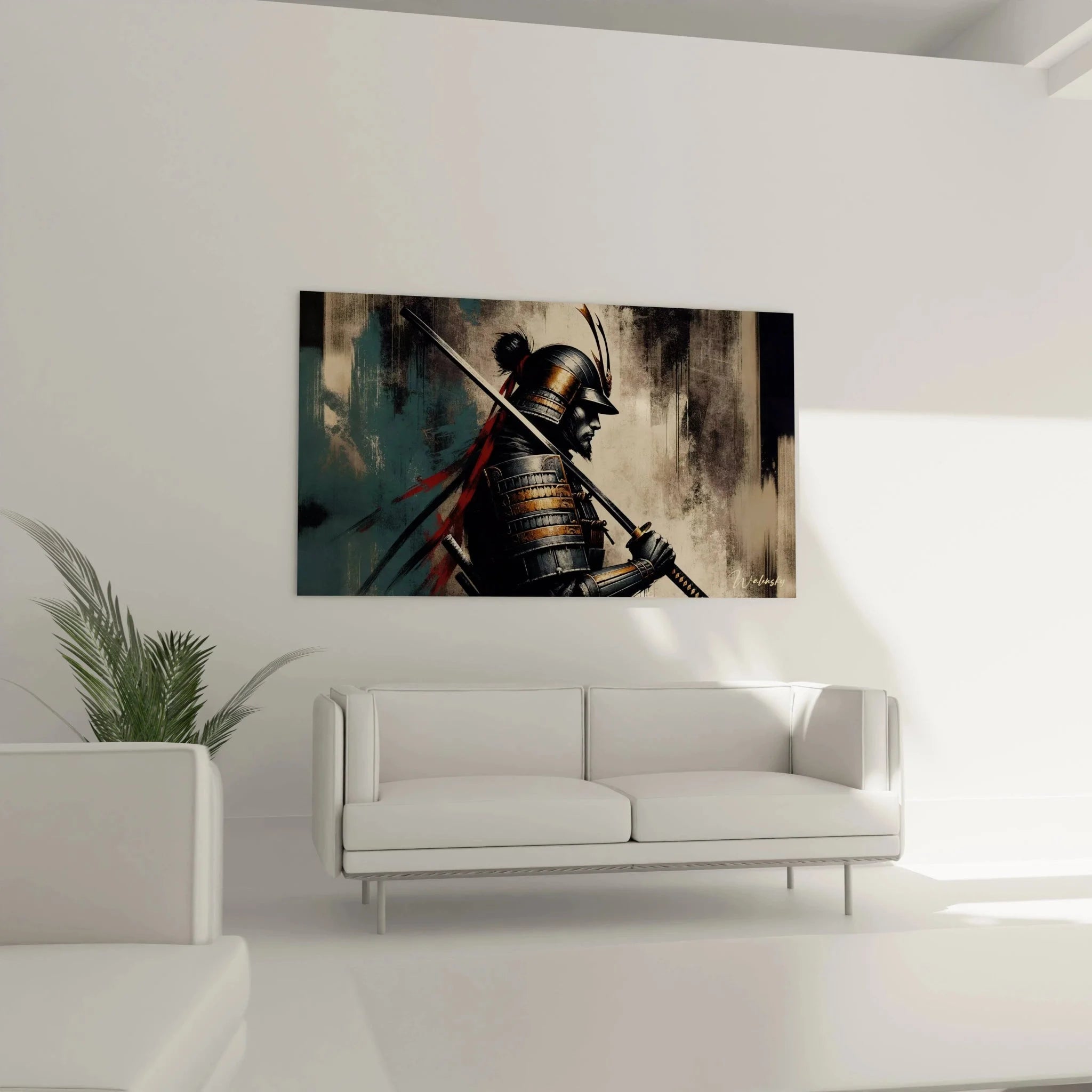 Detailansicht Samurai Kunstdruck mit japanischer Rüstung und Helm in hoher Auflösung