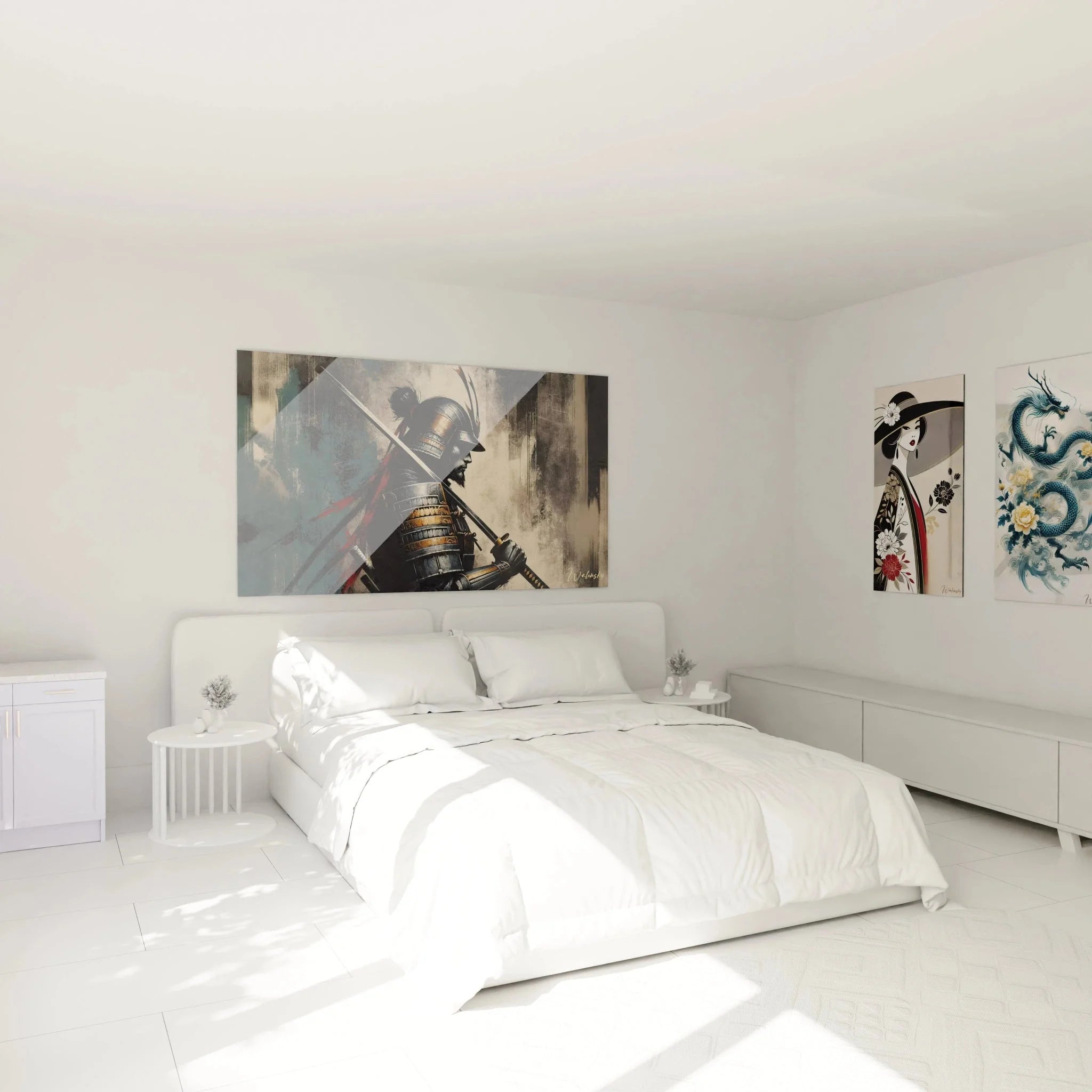 Samurai Wandbild XXL in modernem Schlafzimmer als asiatische Wanddekoration