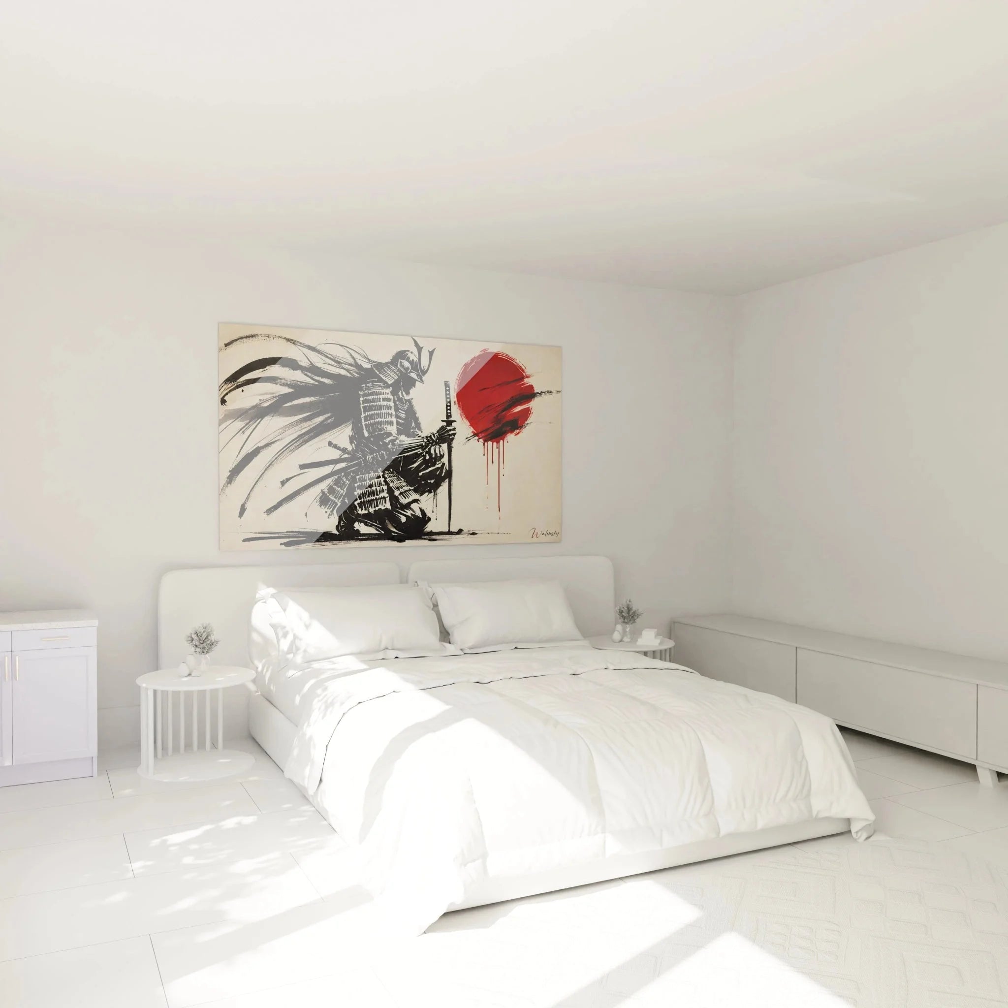 Samurai Wandbild XXL in modernem Schlafzimmer - japanische Dekoration für Wohnräume