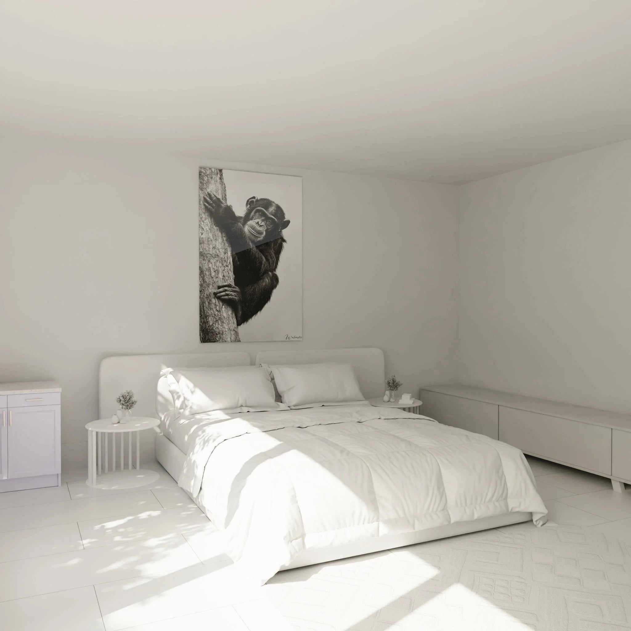 Schimpanse Wandbild in Schlafzimmer Ambiente - schwarz-weiß Tierdekoration an der Wand