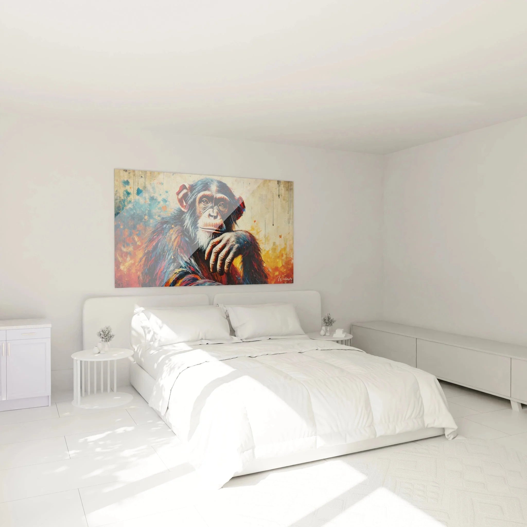 Schimpanse Wandbild XXL in Schlafzimmer Ambiente - Affe Leinwandbild als stilvolle Wandkunst im Wohnraum