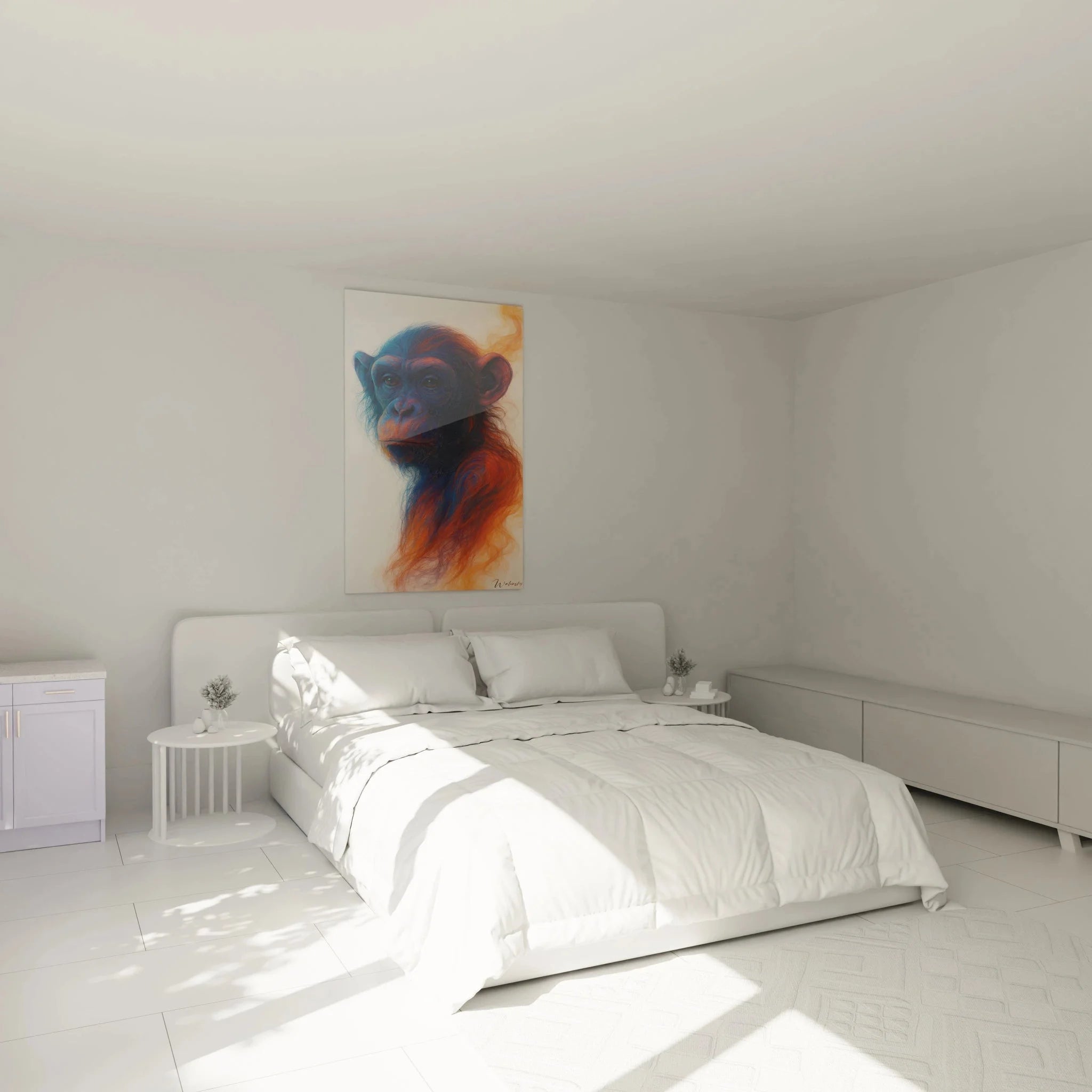 Schimpanse Wandbild XXL in Schlafzimmer Ambiente - Farbige Primat Dekoration Leinwand