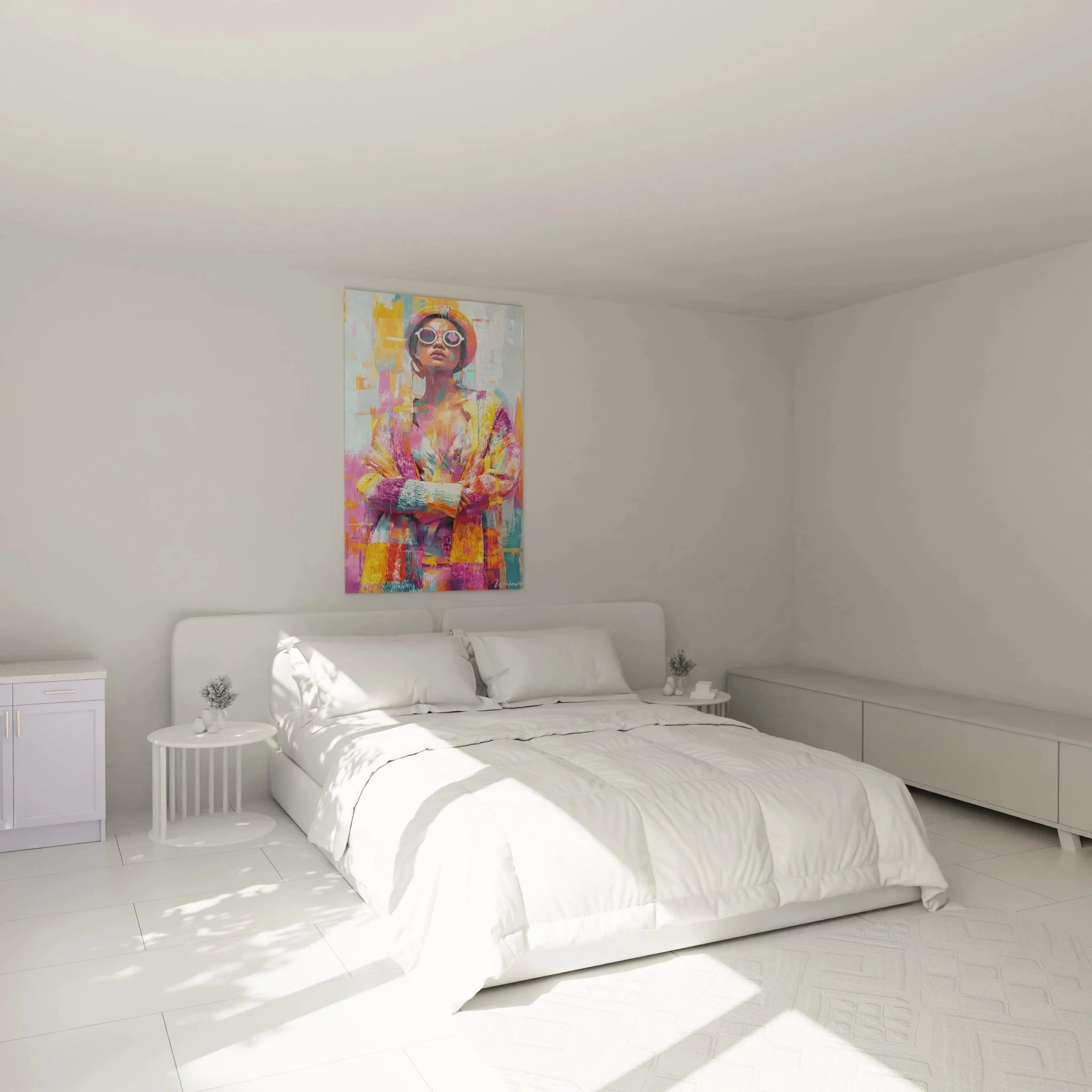 Schlafzimmer Dekoration mit Pop Art Wandbild einer eleganten Frau - Vintage Fashion Art