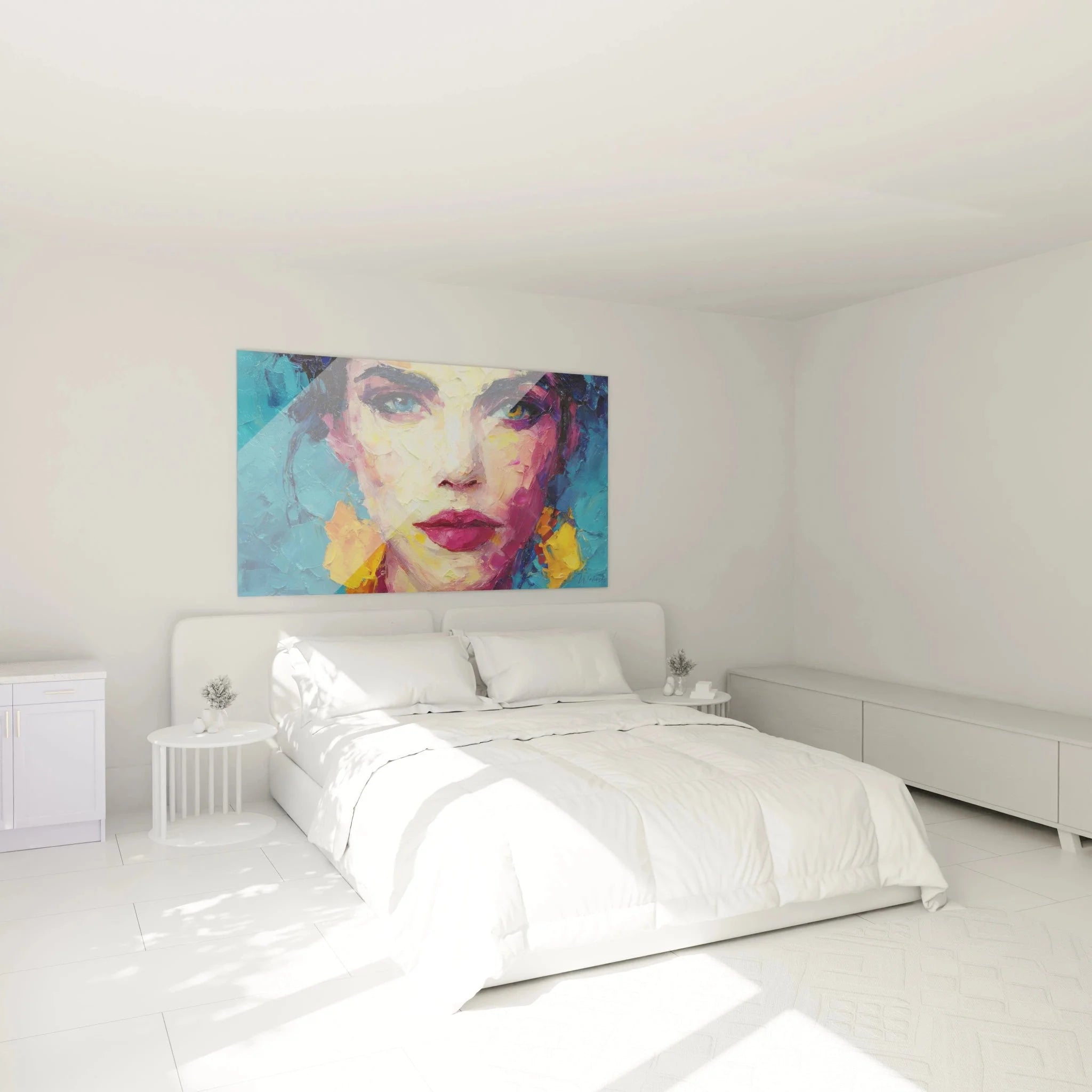 Schlafzimmer Dekoration mit modernem Wandbild abstrakte Frau Portrait in lebendigen Farben