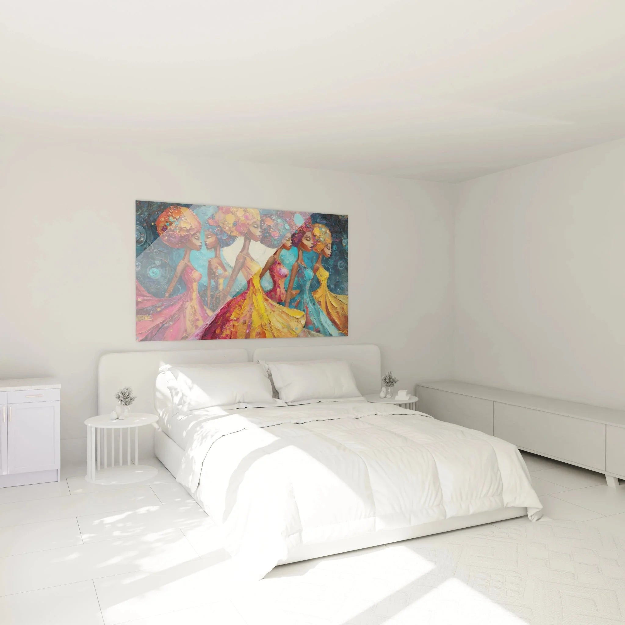 Schlafzimmer Dekoration mit Wandbild tanzende afrikanische Frauen in leuchtenden Farben über dem Bett