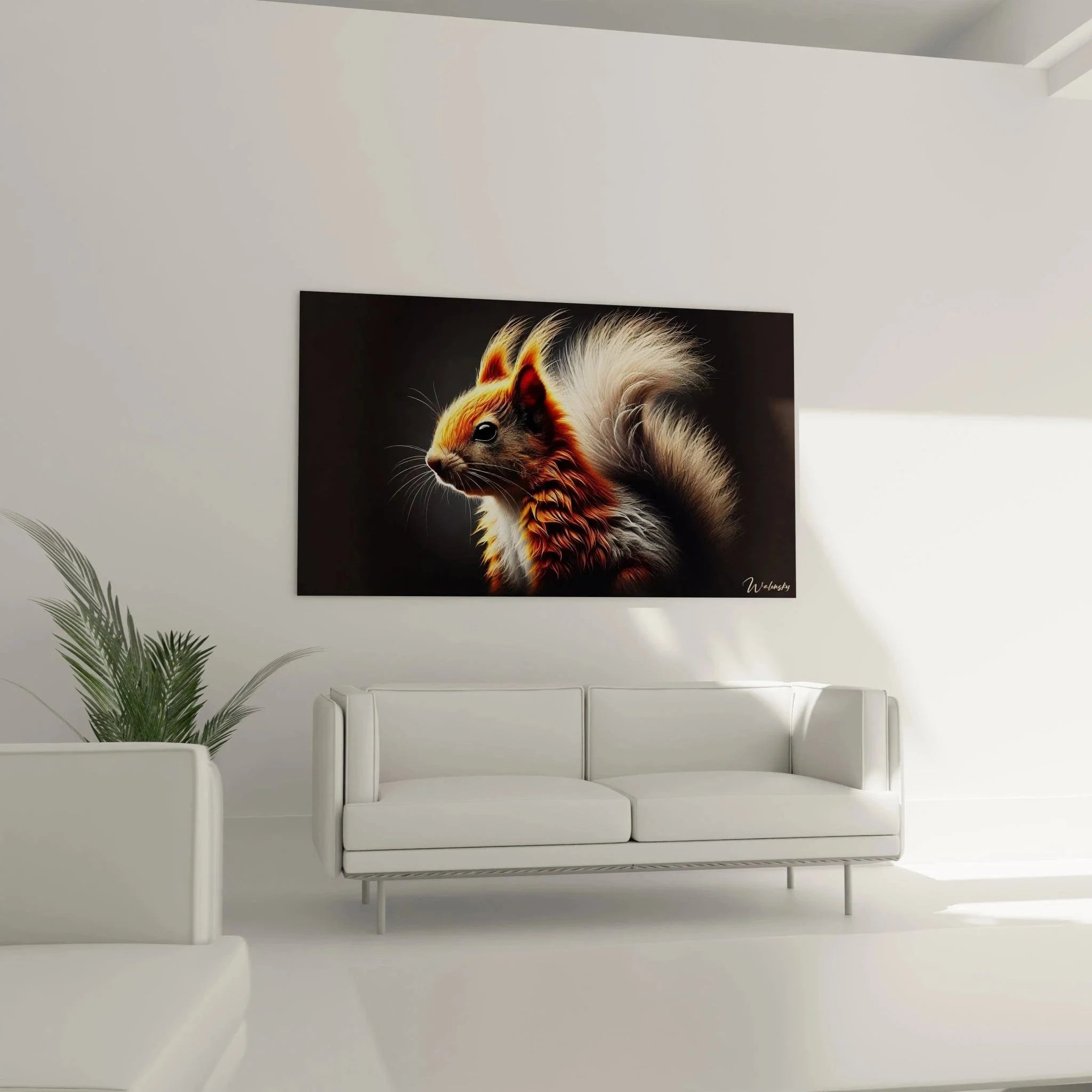 Schlafzimmer Ambiente mit modernem Eichhörnchen Wandbild in warmen Rottönen über dem Bett hängend