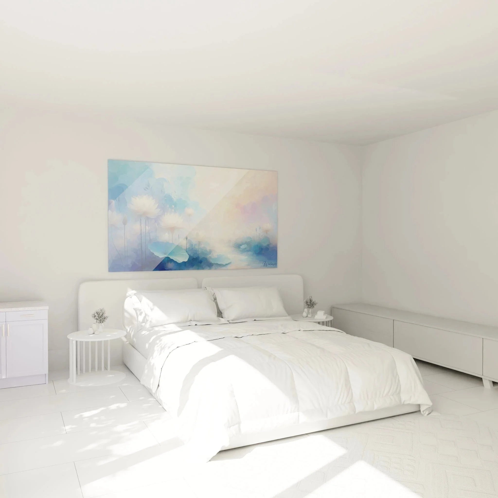 Schlafzimmer Wanddekoration mit abstrakten Lotusblüten in beruhigenden Pastelltönen