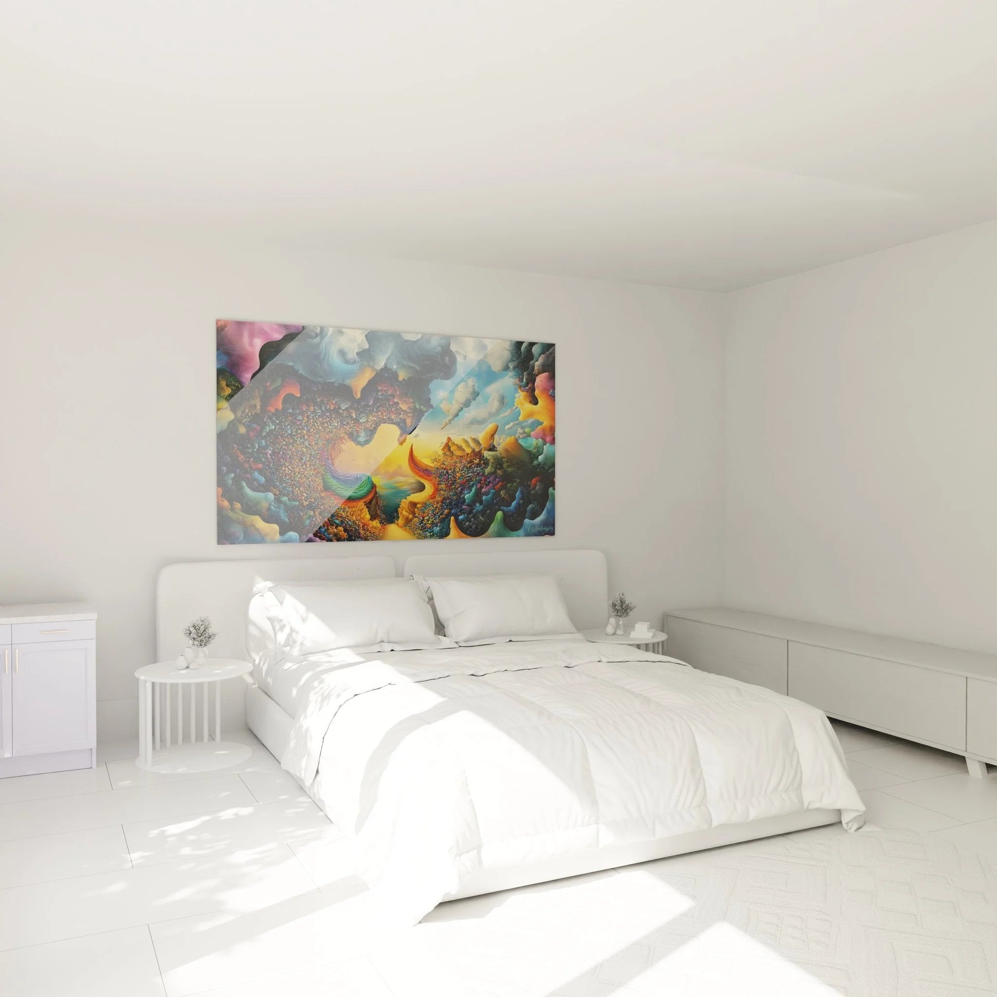 Schlafzimmer Wanddekoration mit abstraktem Surrealismus Wandbild über dem Bett in XXL Format