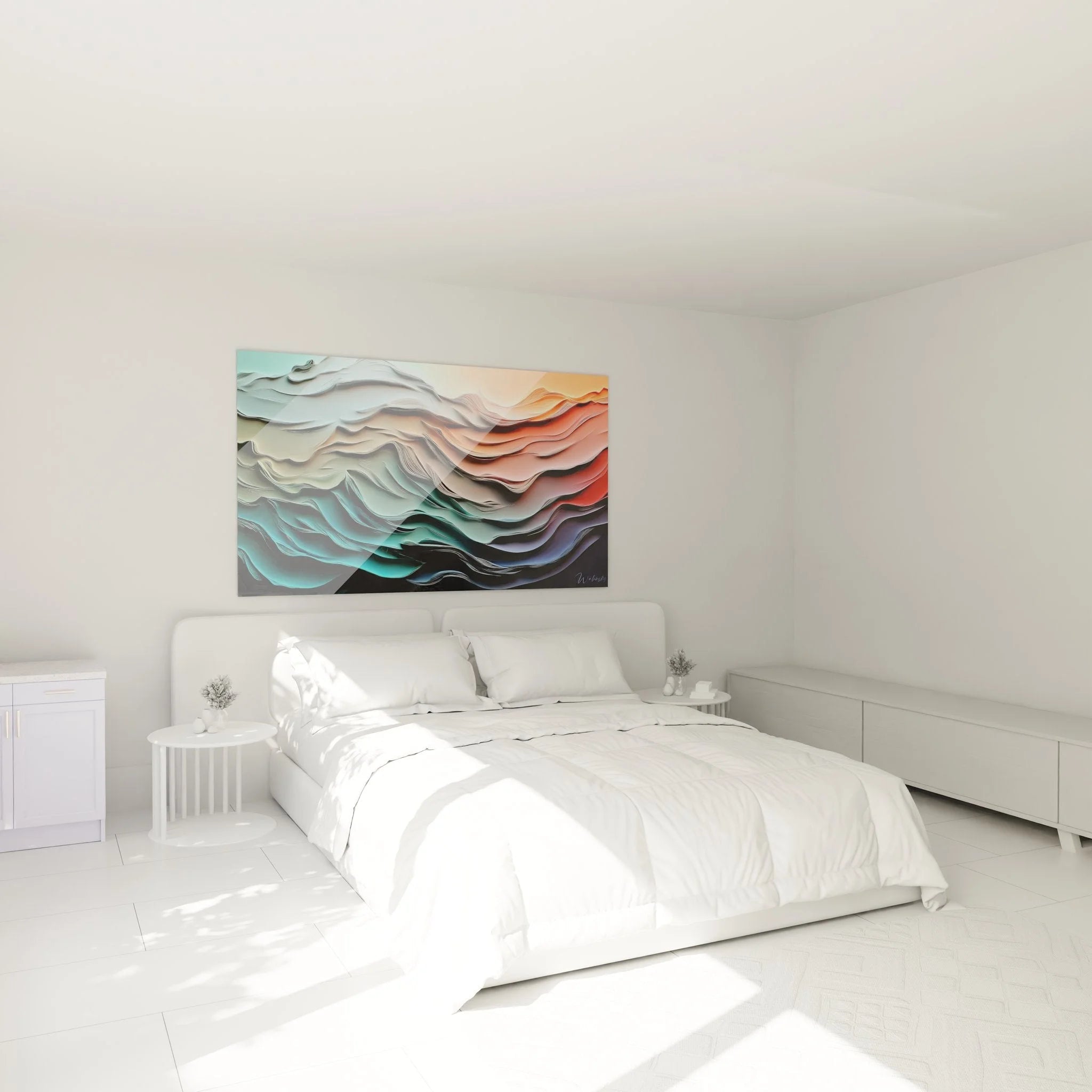 Modernes Wandbild abstrakte Wellen als Schlafzimmer Dekoration mit beruhigenden Farben