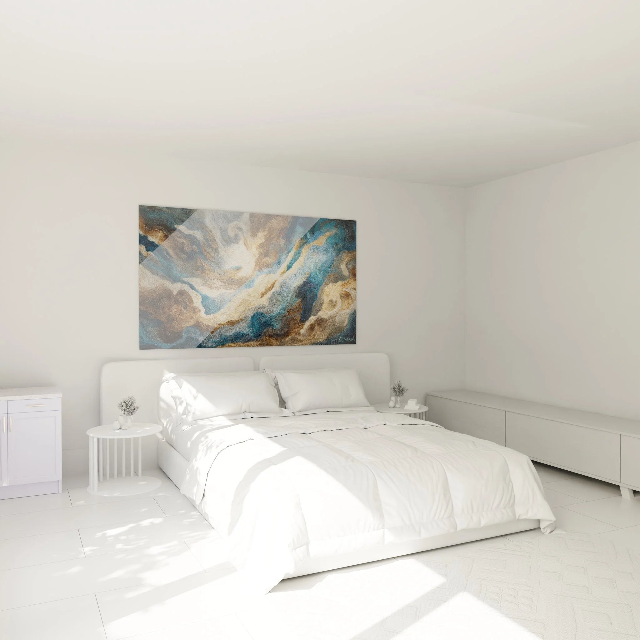 Schlafzimmer Wanddekoration mit abstrakten Wolken in beruhigenden Blautönen