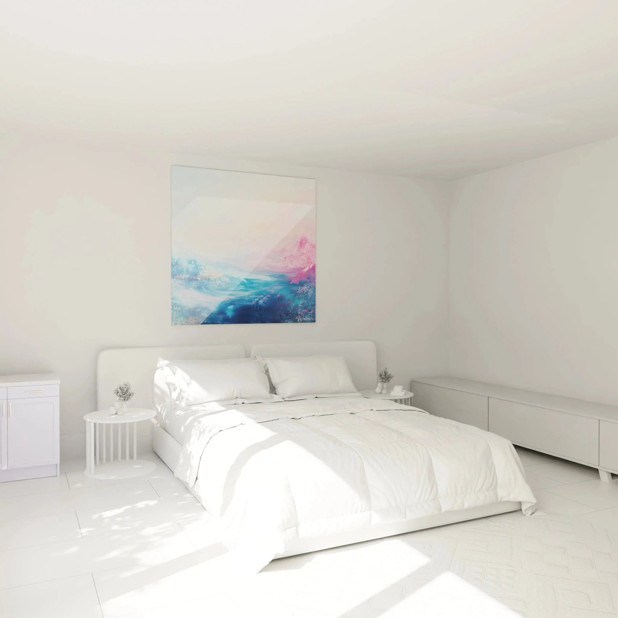 Schlafzimmer Ambiente mit abstraktem Berglandschaft Wandbild in Rosa-Blau Tönen über dem Bett