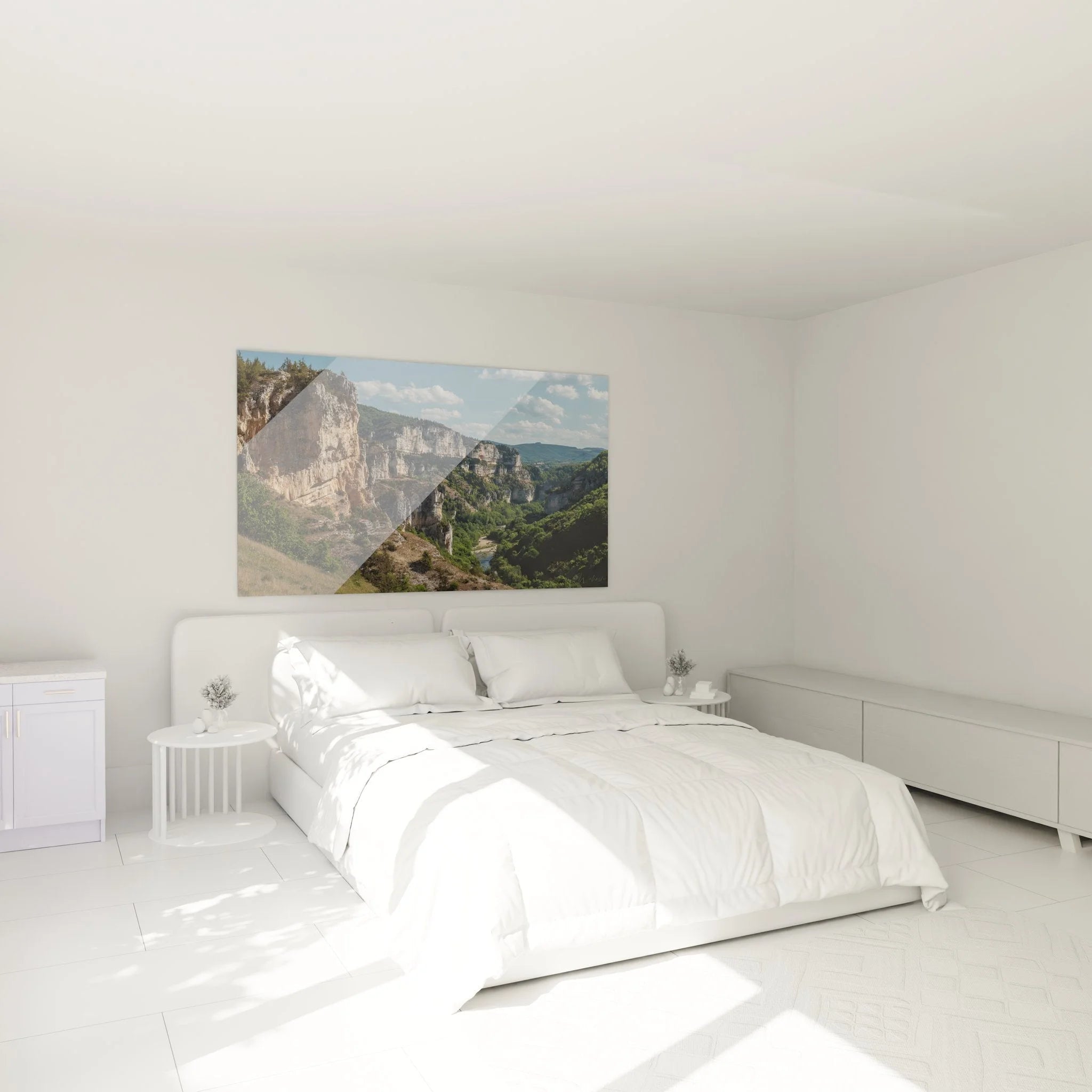 Schlafzimmer Wanddekoration mit Canyon Schlucht Berglandschaft Motiv in warmen Erdtönen