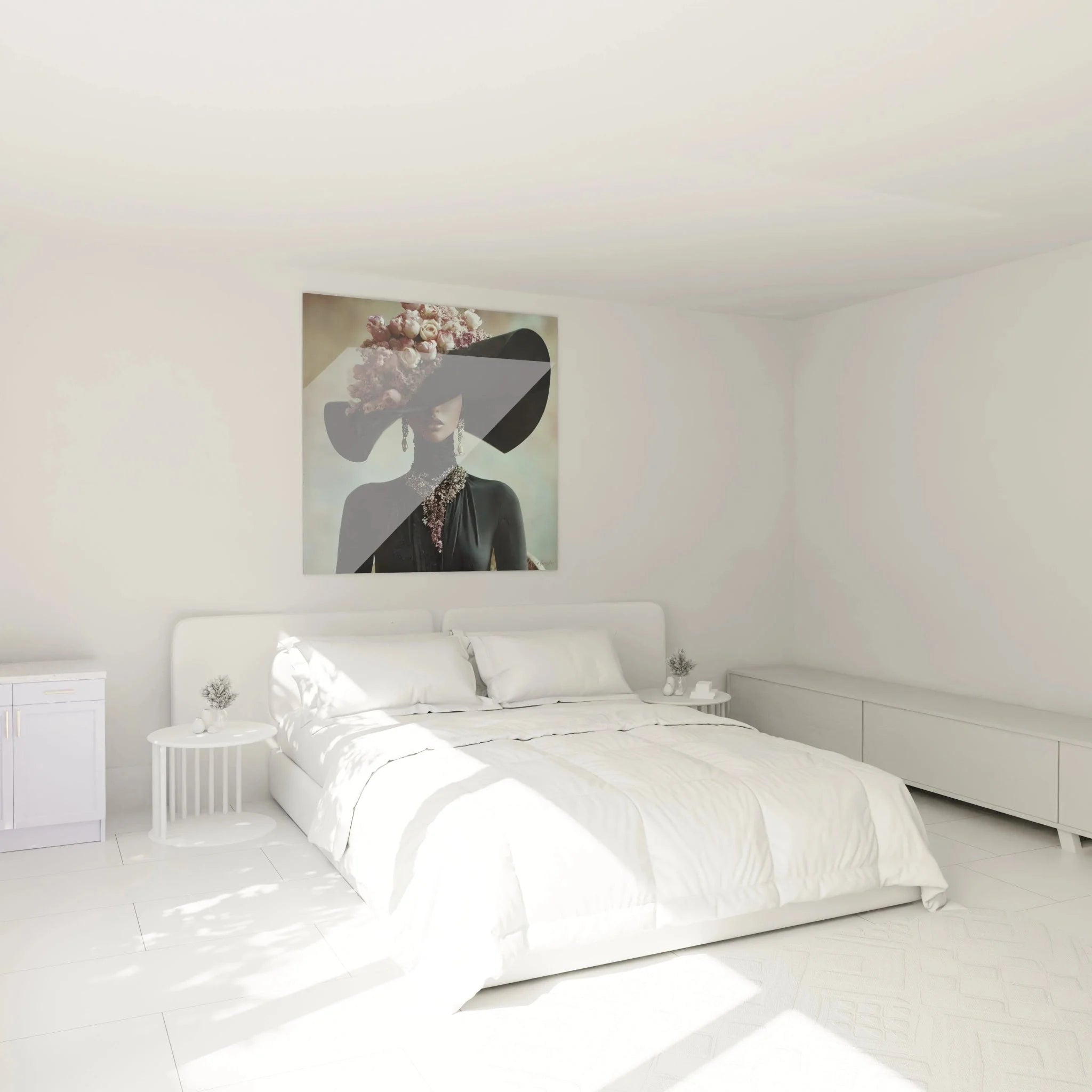 Schlafzimmer Dekoration mit Wandbild mysteriöse Dame - elegante feminine Wandkunst über Bett