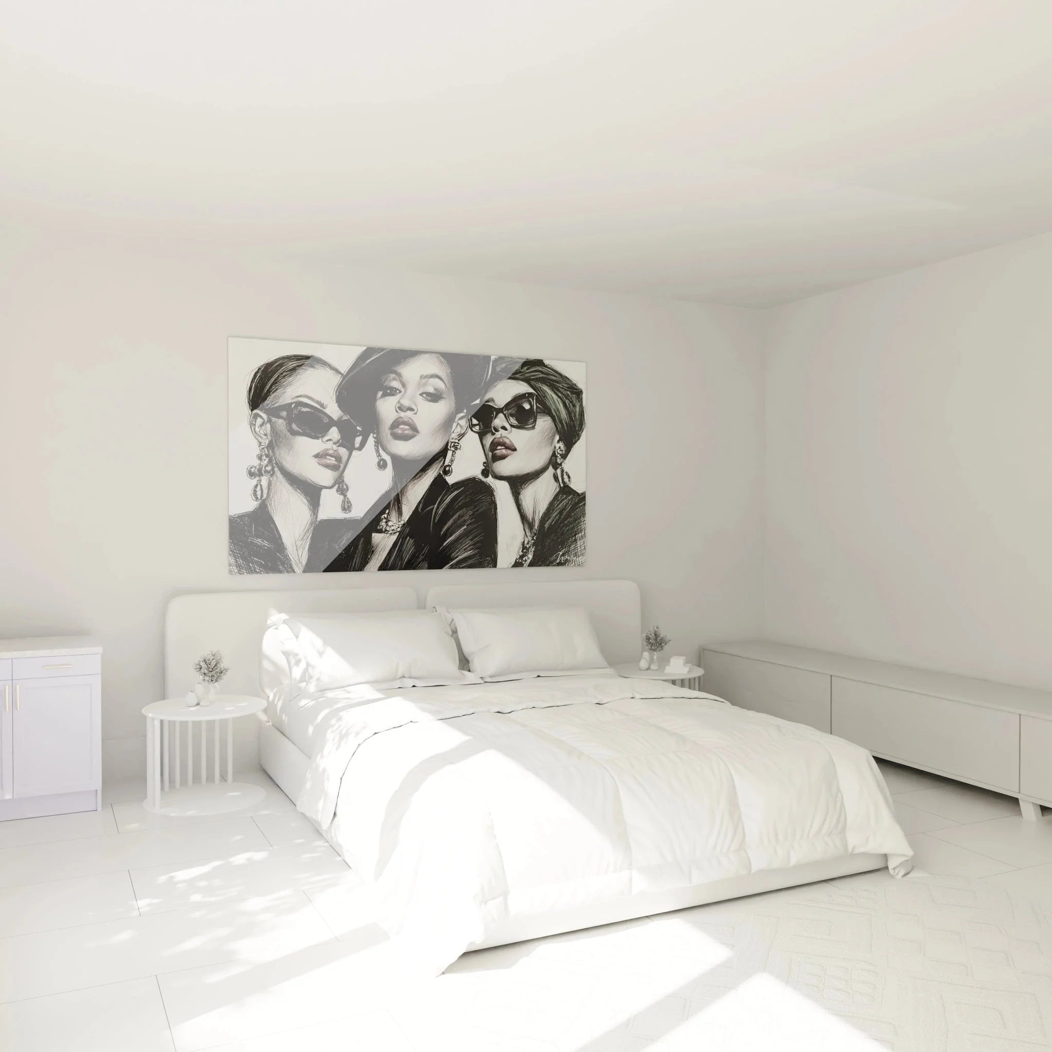 Schlafzimmer Dekoration mit Wandbild drei glamouröse Frauen Modeillustration in elegantem schwarz-weiß Design
