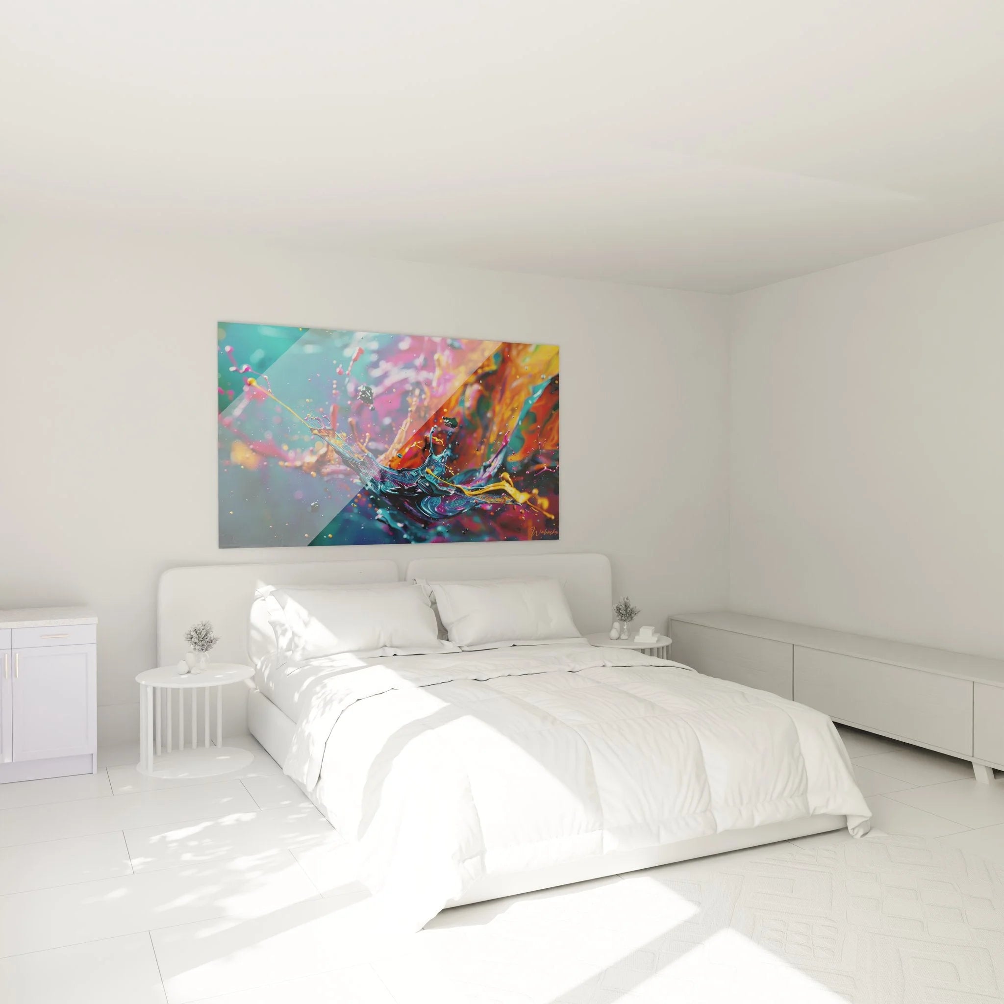 Schlafzimmer Ambiente mit Wandbild Farbexplosion - moderne abstrakte Kunst in leuchtenden Farben