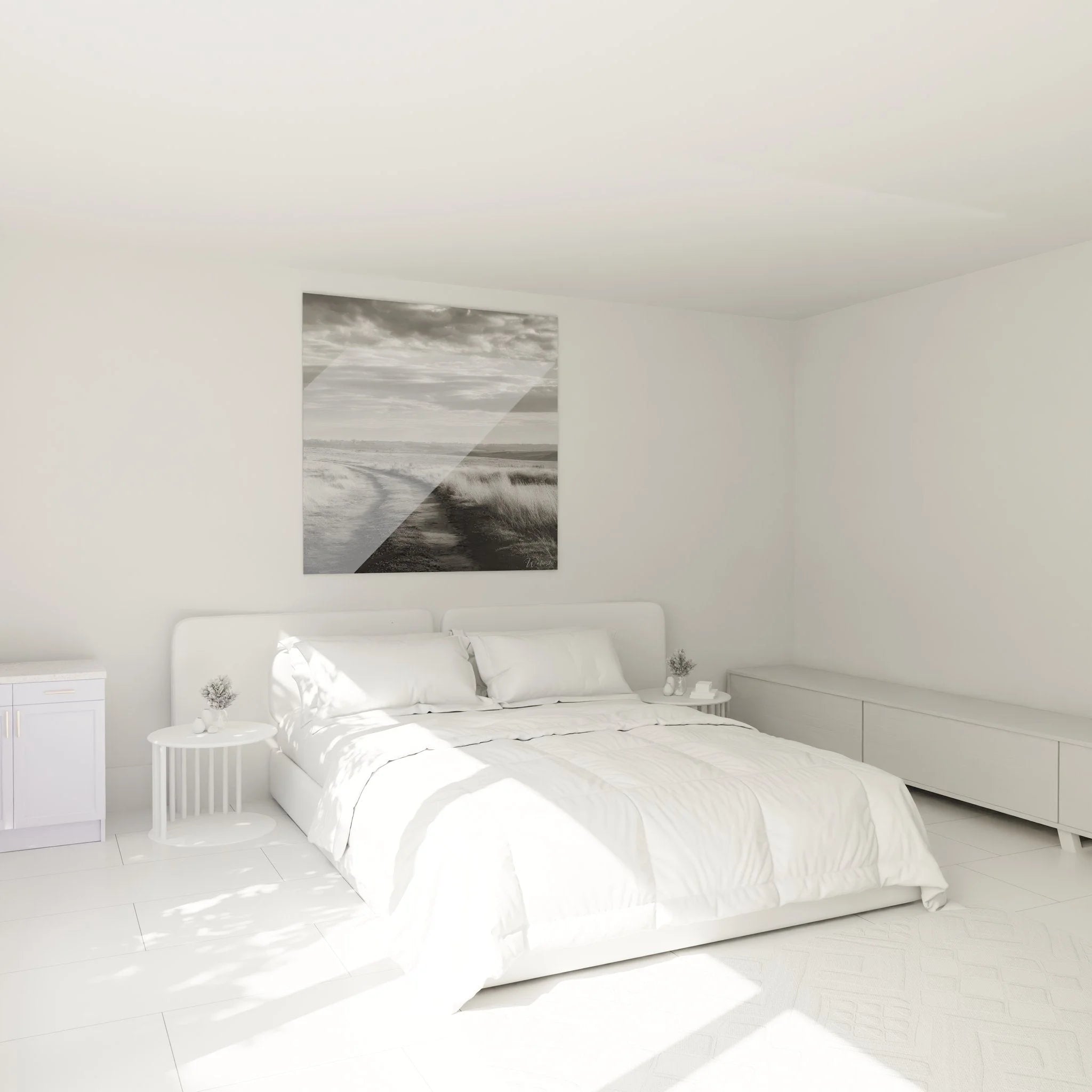 Schlafzimmer Dekoration mit Wandbild Feldweg Heide schwarz-weiß atmosphärische Landschaftsfotografie