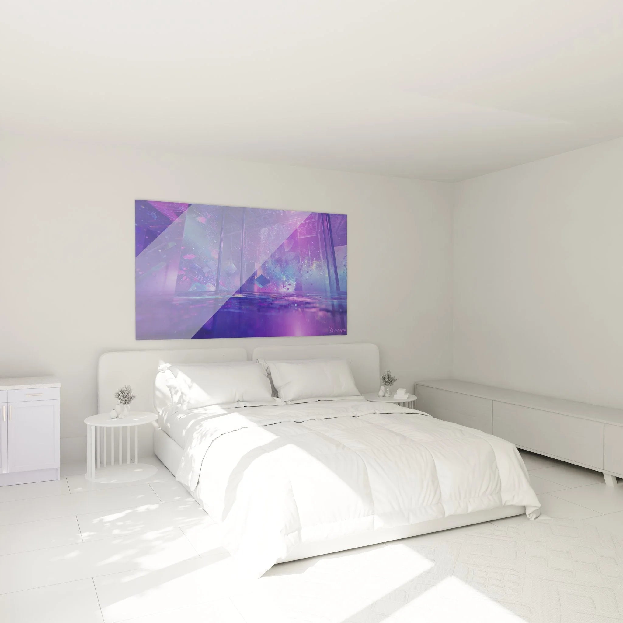 Futuristische Wanddekoration im Schlafzimmer mit violetten Cyberpunk-Motiven für moderne Einrichtung