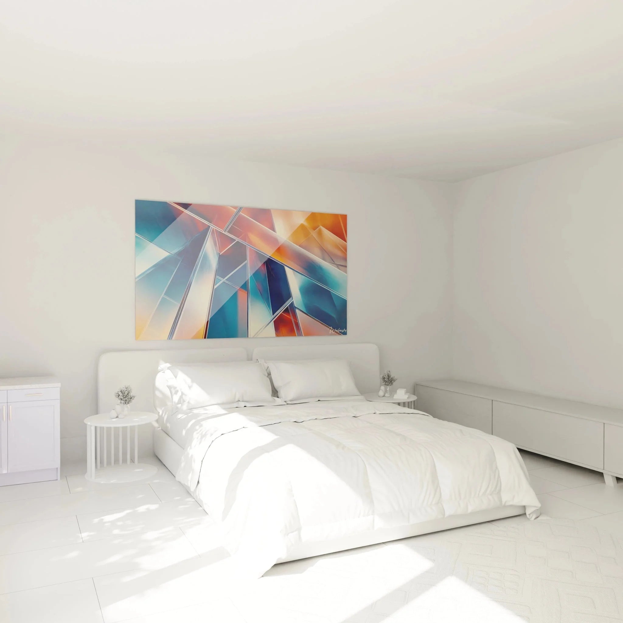 Modernes Schlafzimmer mit geometrischem Wandbild in abstrakter futuristischer Ausführung