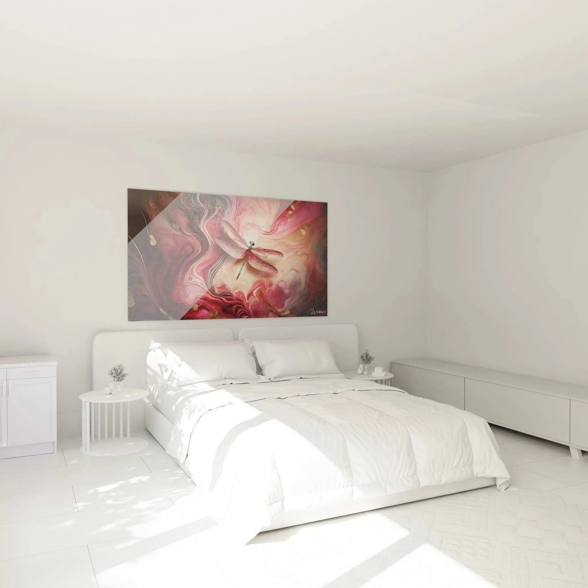 Schlafzimmer Wanddekoration Libelle abstrakt in rosa Tönen beruhigende Atmosphäre moderne Kunst