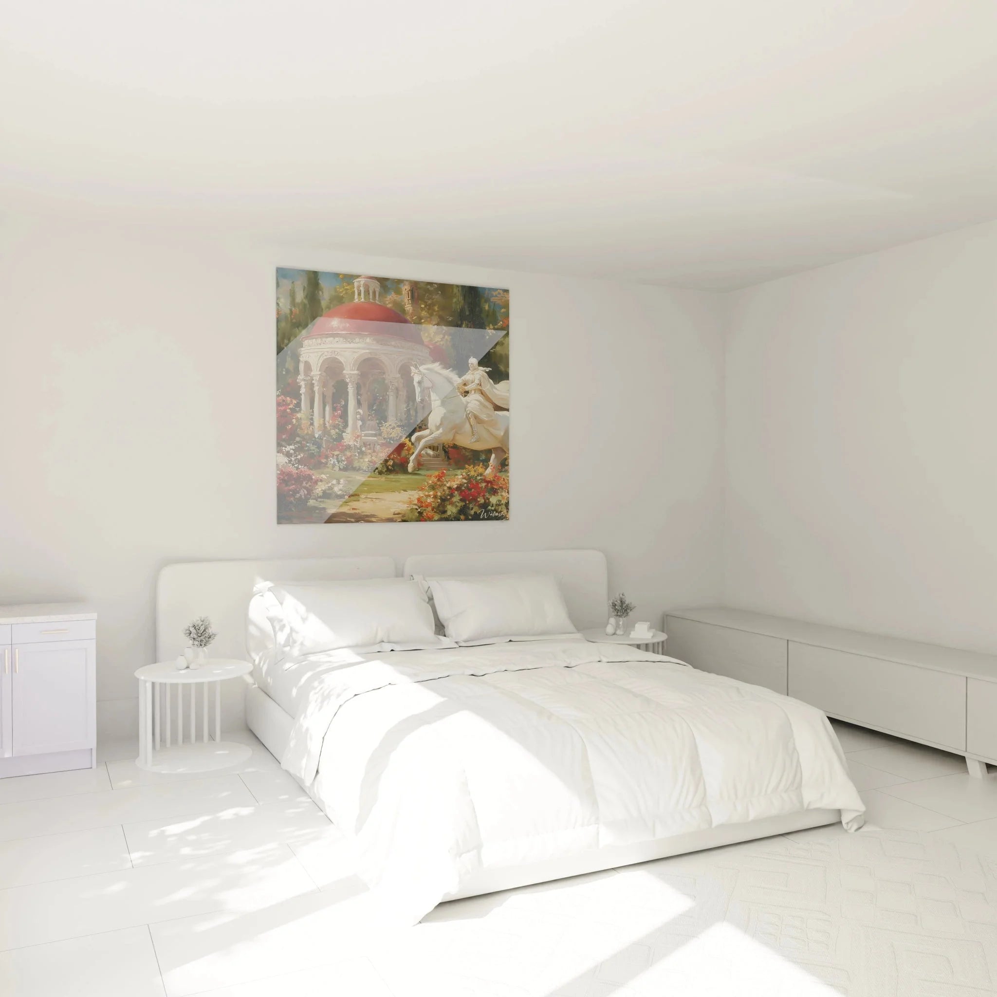 Schlafzimmer Dekoration mit Wandbild orientalischer Reiter und Palastgarten in warmen Farbtönen