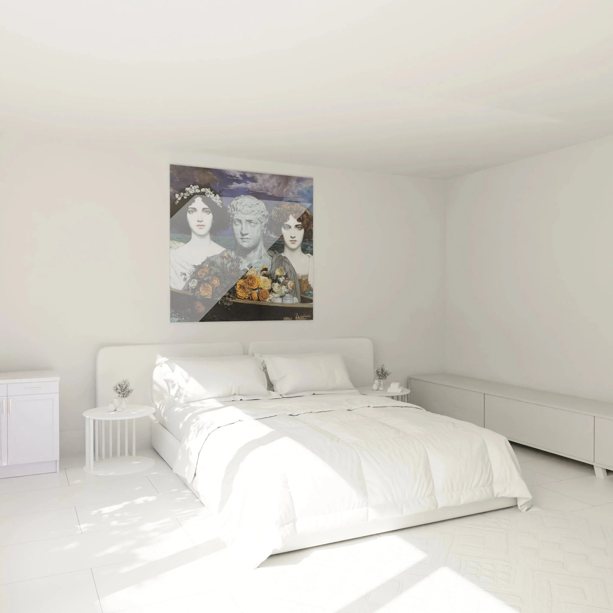 Schlafzimmer Dekoration mit präraffelitischem Wandbild drei Figuren romantische Atmosphäre