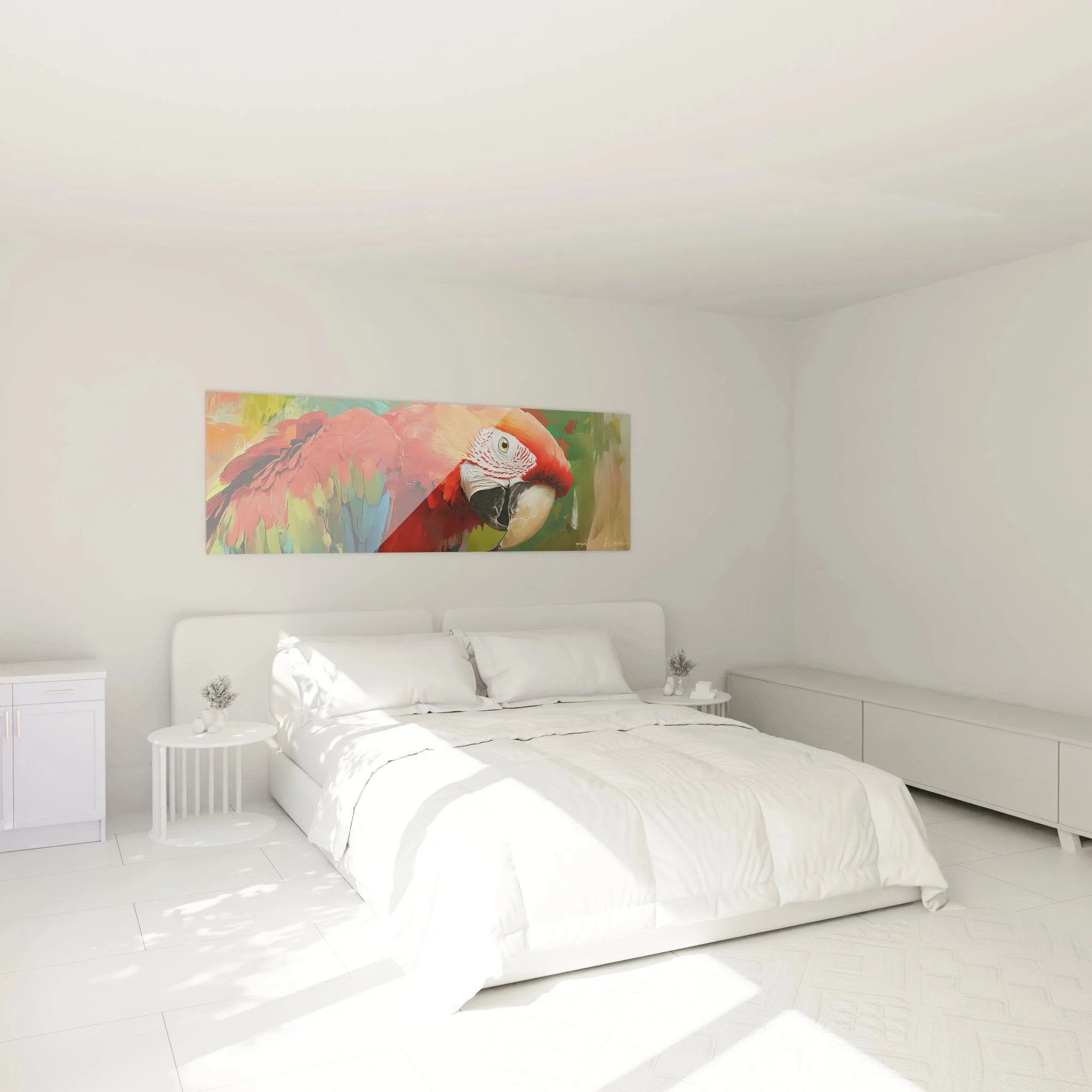 Modernes Schlafzimmer mit Wandbild Roter Ara Papagei als stilvolle tropische Wanddekoration