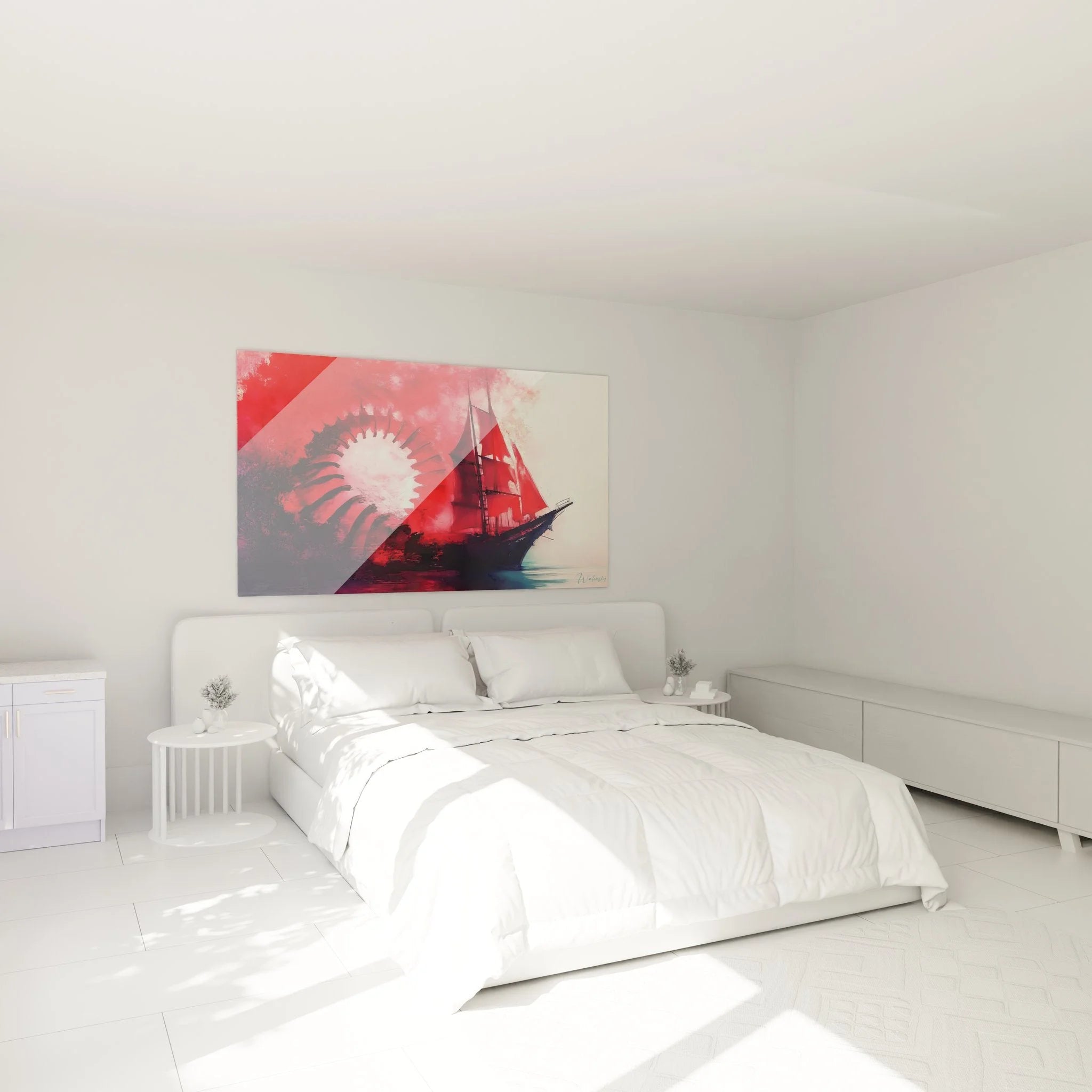Modernes Schlafzimmer mit Wandbild Segelschiff in roten Spiralwellen als dekorativer Blickfang über dem Bett