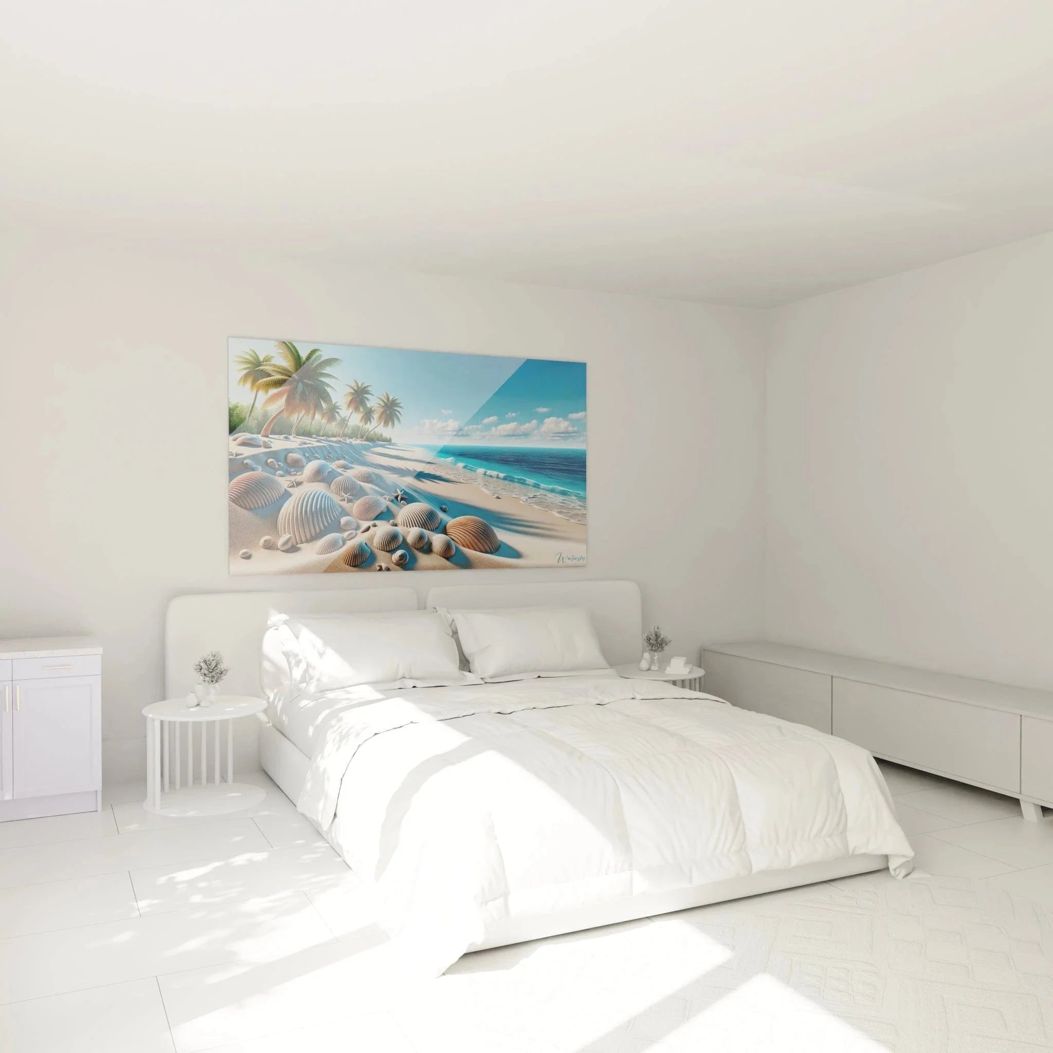 Schlafzimmer Ambiente mit Wandbild tropischer Strand Muscheln - entspannende Raumdekoration
