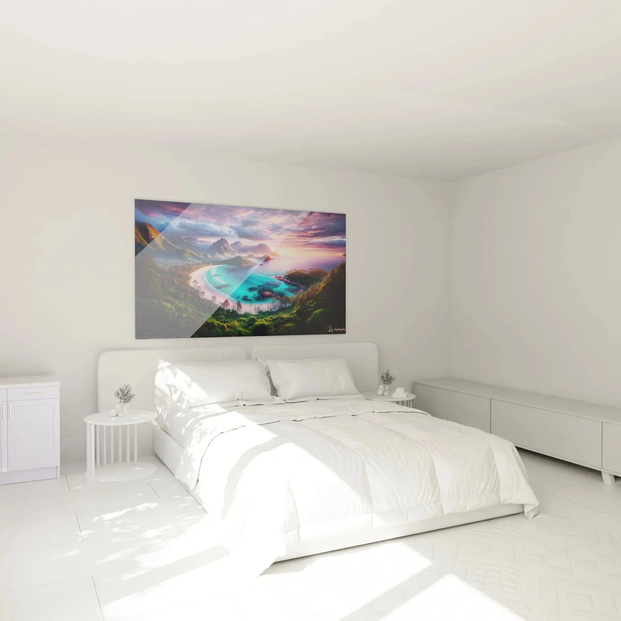 Schlafzimmer Dekoration mit Wandbild tropische Bucht in türkis und violetten Farbtönen