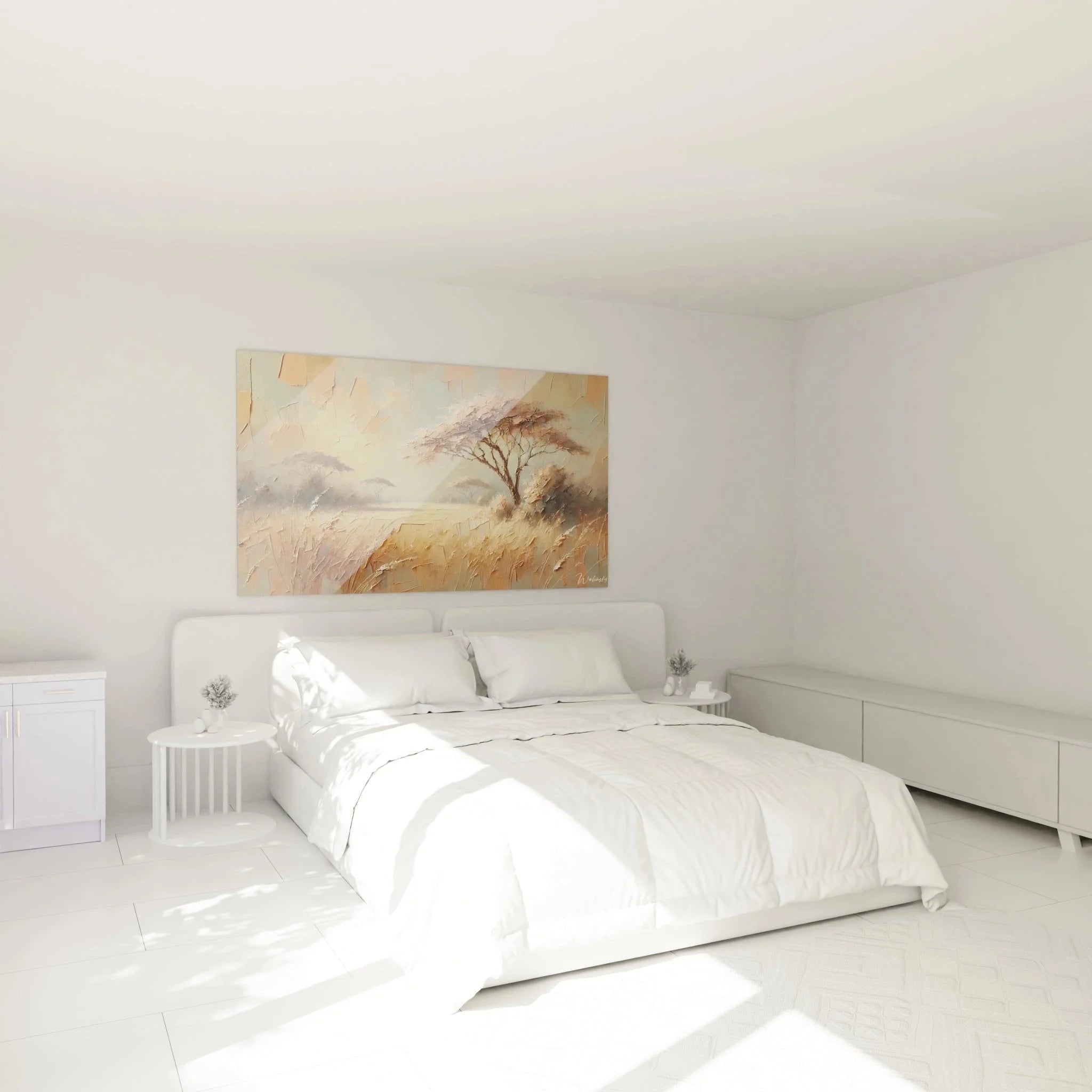 Schlafzimmer Wanddekoration Akazienbaum Savanne - harmonische Farbgestaltung in Gold und Beige Tönen