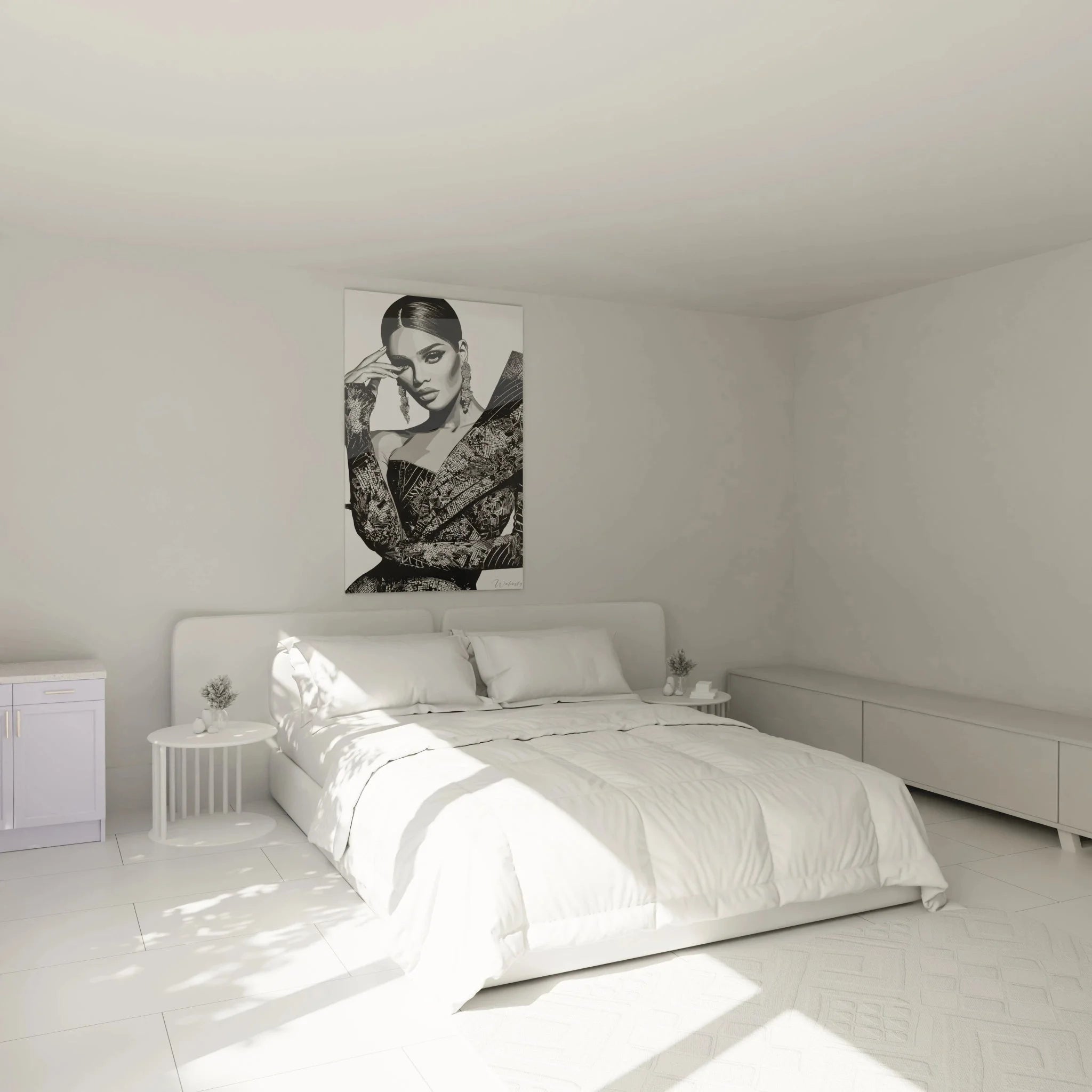 Schlafzimmer Wanddekoration mit elegantem Frau Portrait in schwarzweiß über Bett