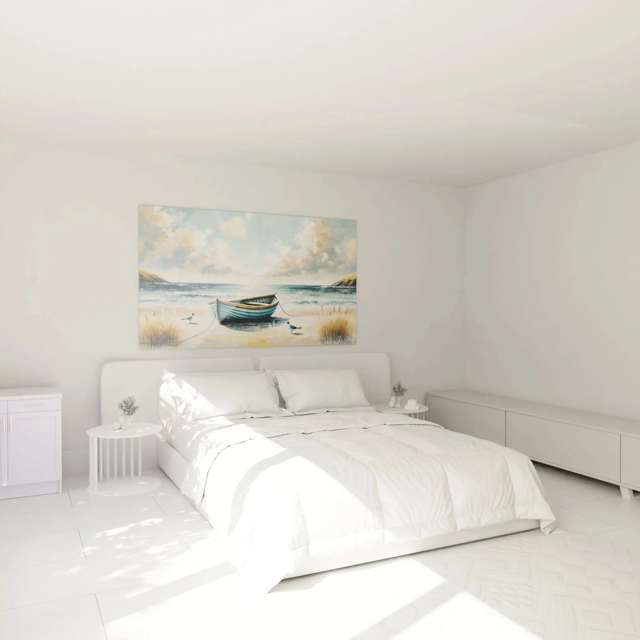 Schlafzimmer Wanddeko mit Fischerboot Motiv - Maritime Küstenszene als Wandbild über dem Bett