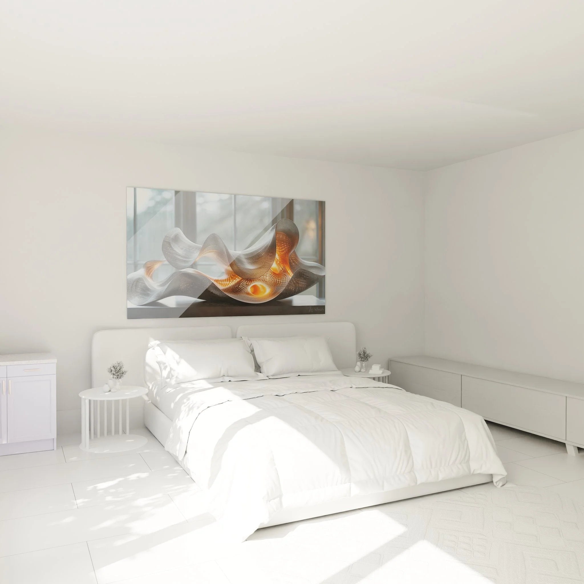 Schlafzimmer Wanddeko mit futuristischer Skulptur - oranges Licht Wandbild XXL über Bett