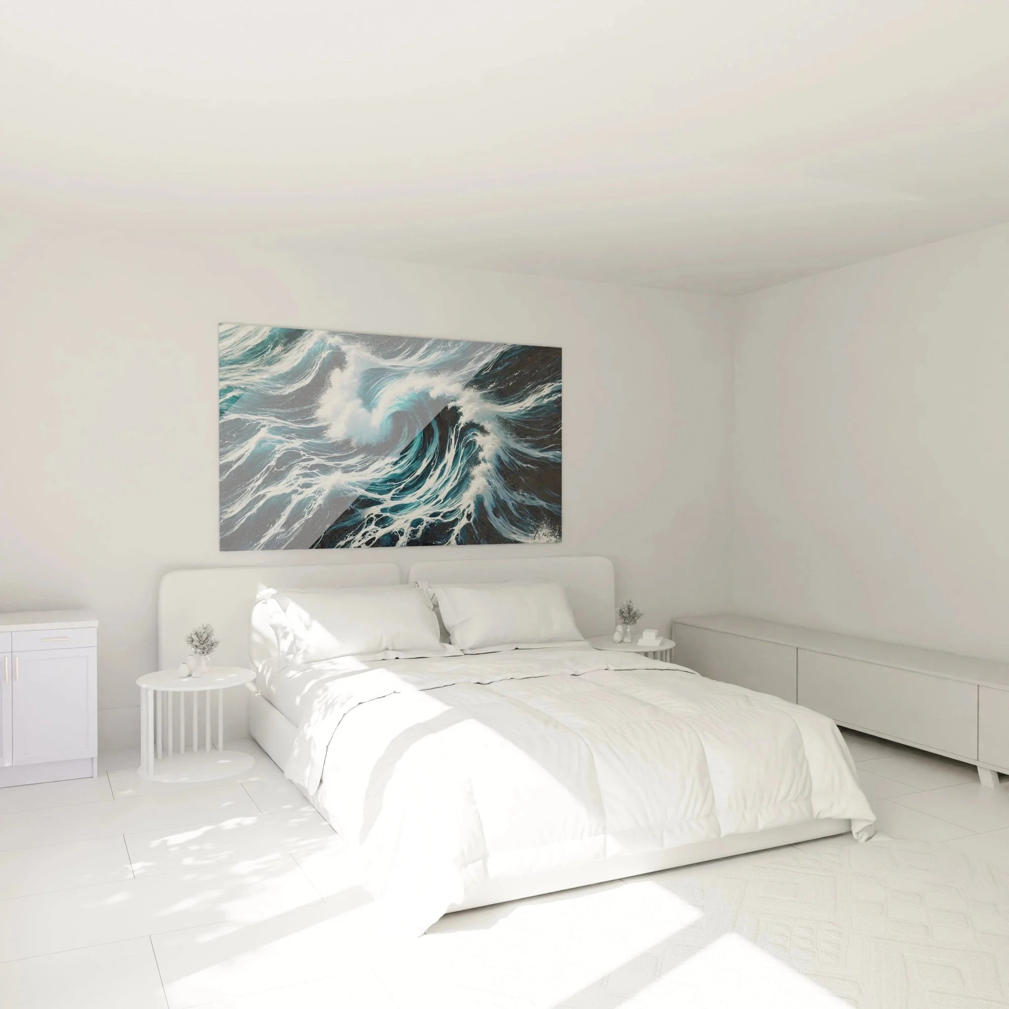 Schlafzimmer Wanddekoration mit großem Meeresstrudel Leinwandbild in Blau-Weiß Tönen