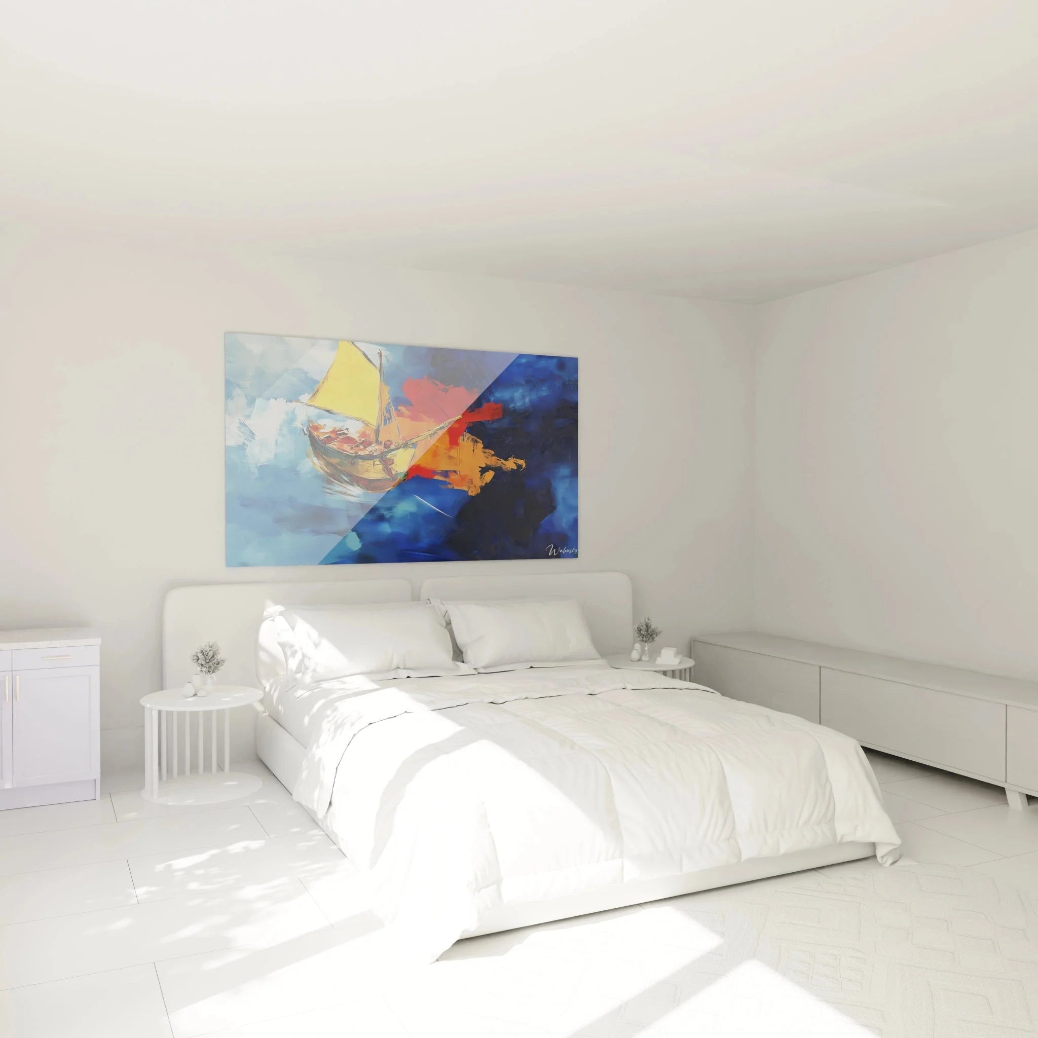 Schlafzimmer Wanddeko mit Turner Segelboot Gemälde, maritime Leinwandbilder für moderne Raumgestaltung