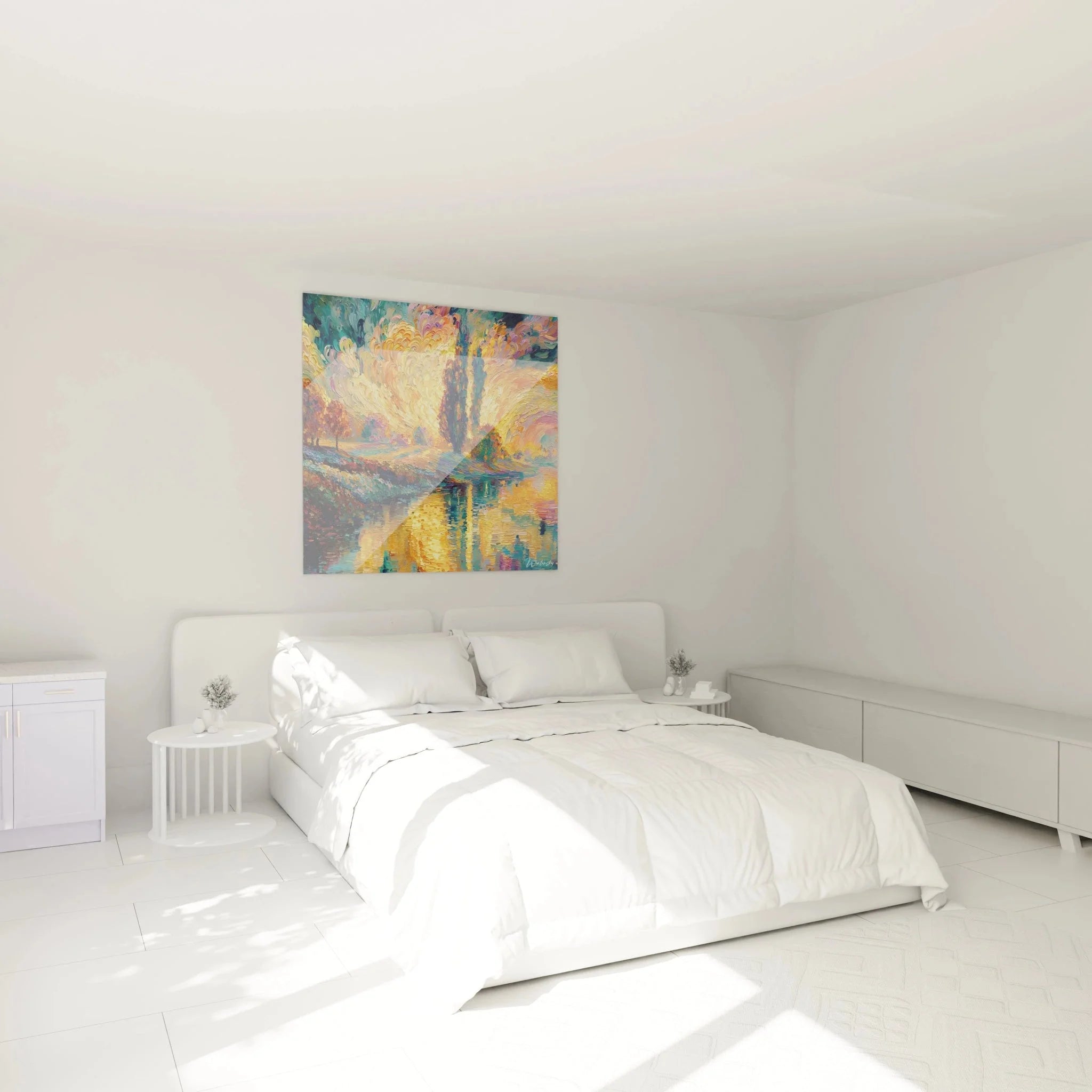 Schlafzimmer Wanddekoration Wasserlandschaft Pointillismus goldene Farben beruhigende Naturmotive XXL