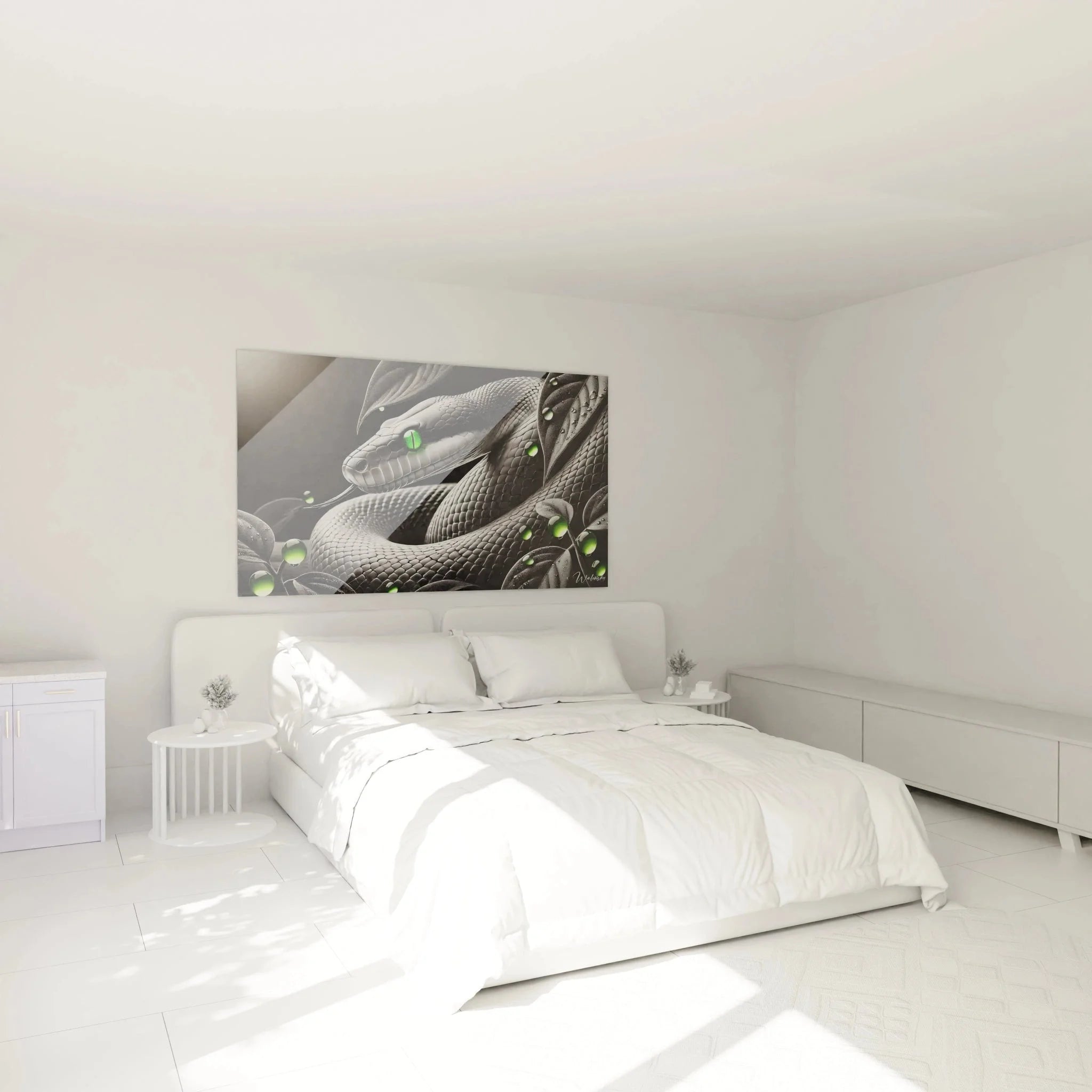 Schlangen Wandbild mit grünen Augen als stilvolle Wanddekoration im modernen Schlafzimmer Ambiente