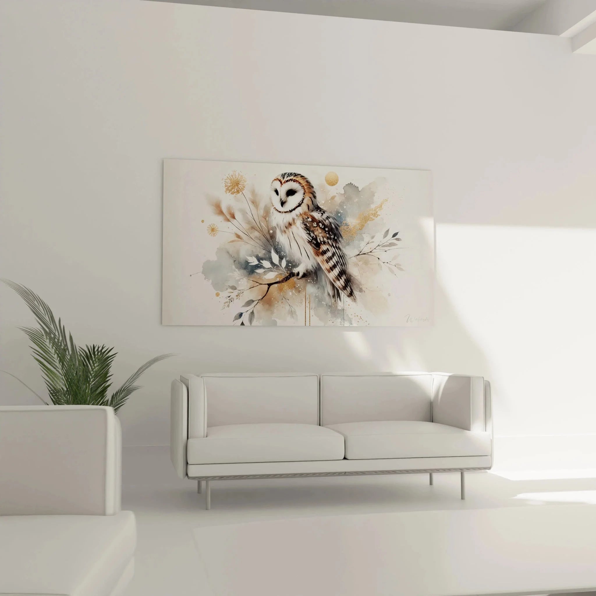 Detailansicht Schleiereule Wandbild - hochwertige Aquarell-Technik mit realistischer Federzeichnung