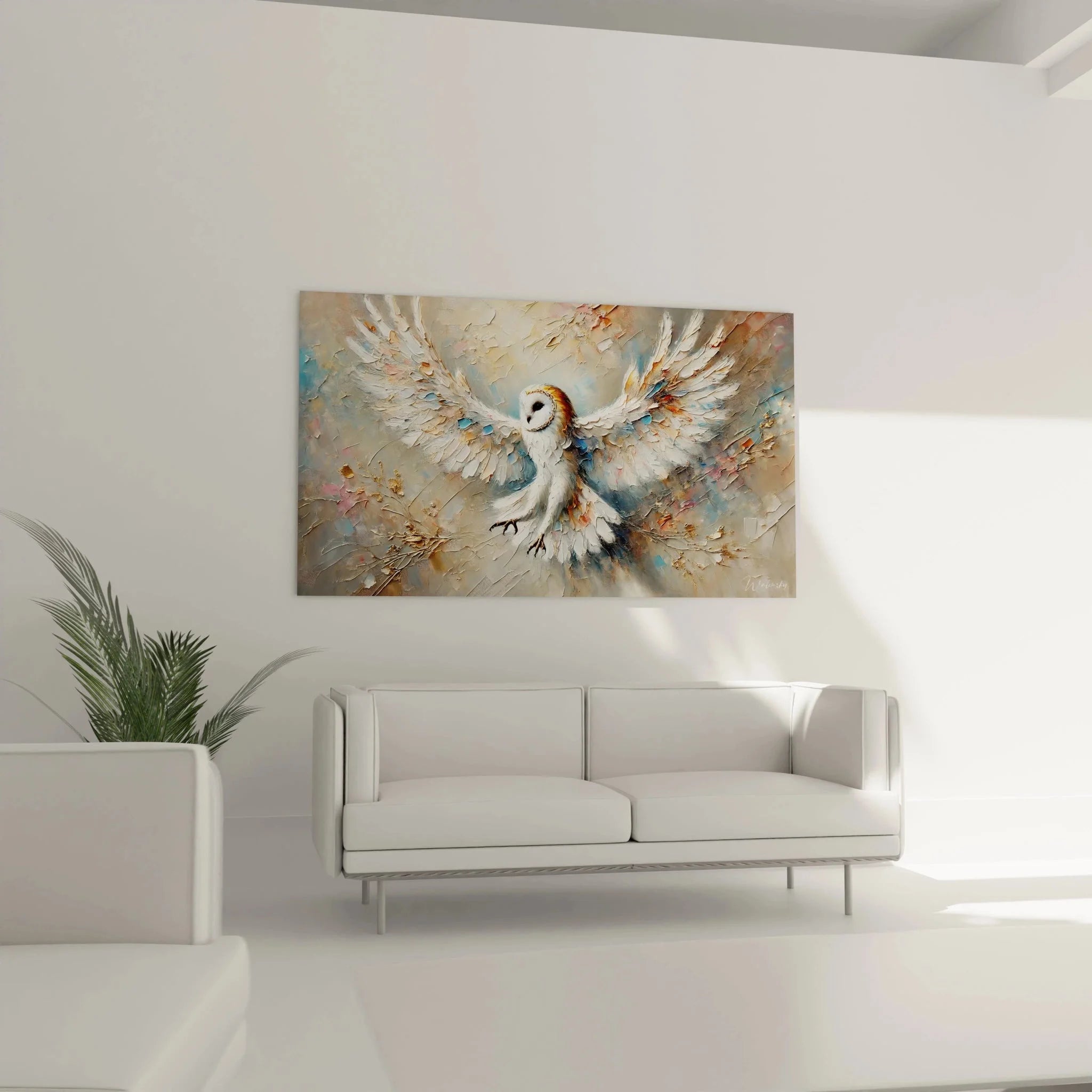 Detailansicht Schleiereule Wandbild - kunstvolle Federstruktur und Gesichtsscheibe Nahaufnahme