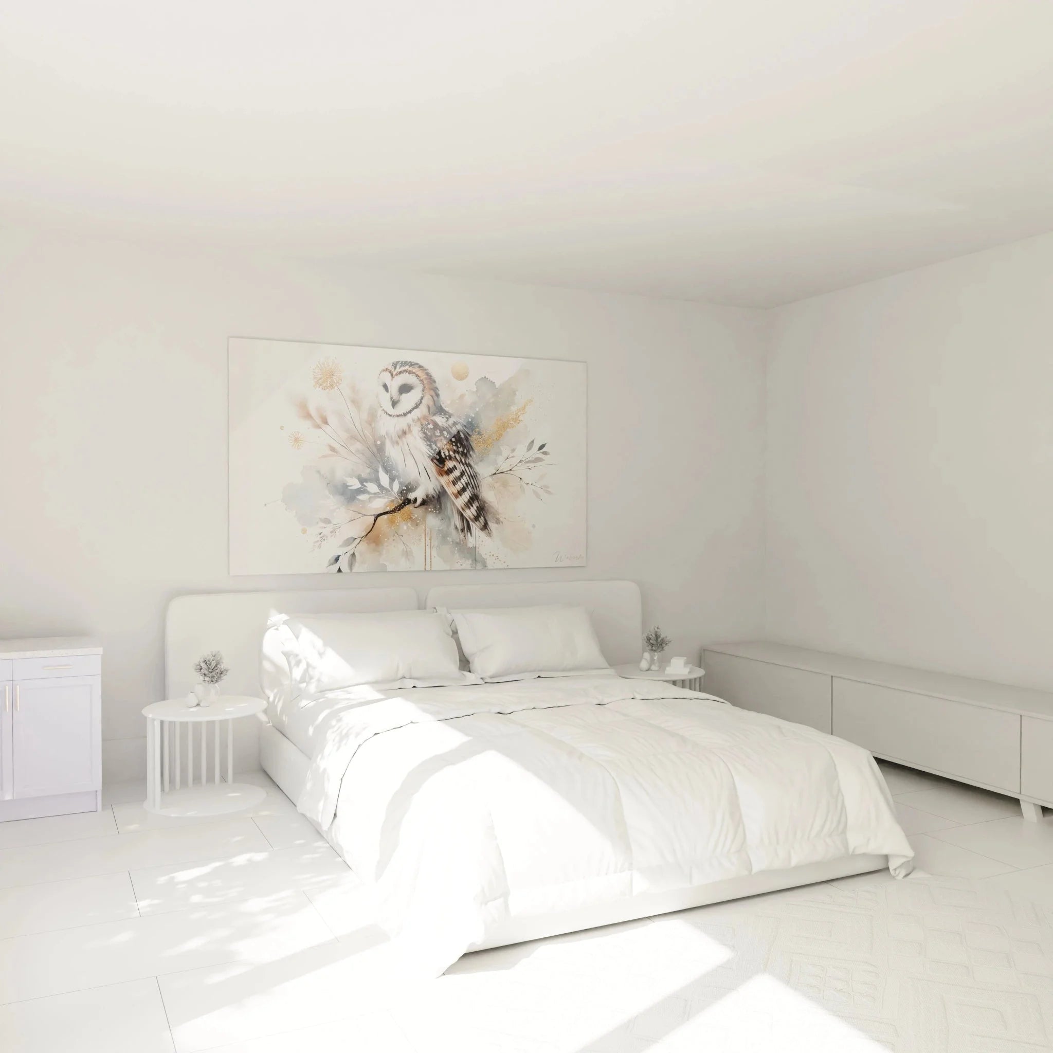 Schleiereule Wandbild im Schlafzimmer - elegante Wanddekoration mit Aquarell-Stil für moderne Wohnräume