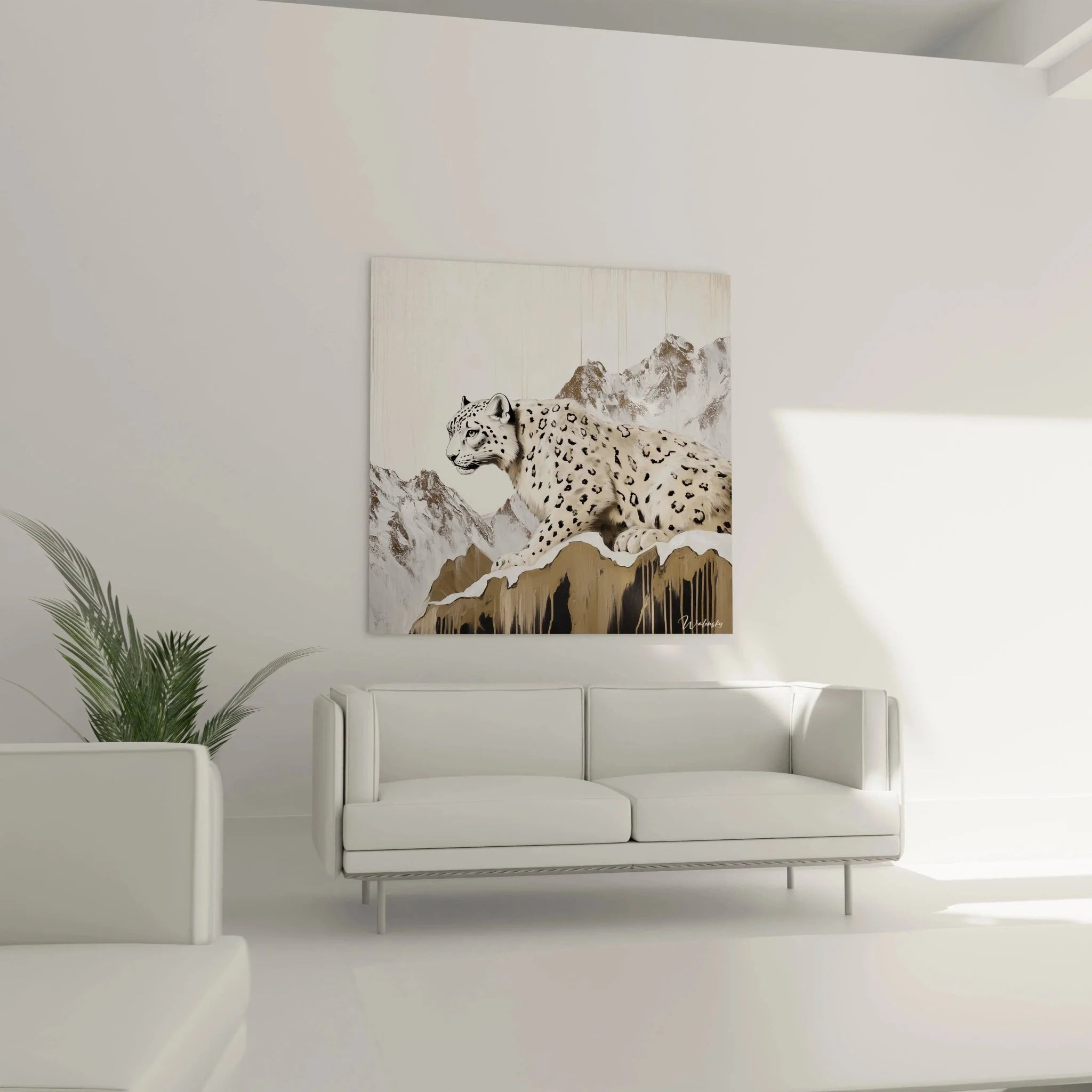 Detailaufnahme Schneeleopard Kunstdruck mit geflecktem Fell und intensivem Blick, hochwertige Wandkunst