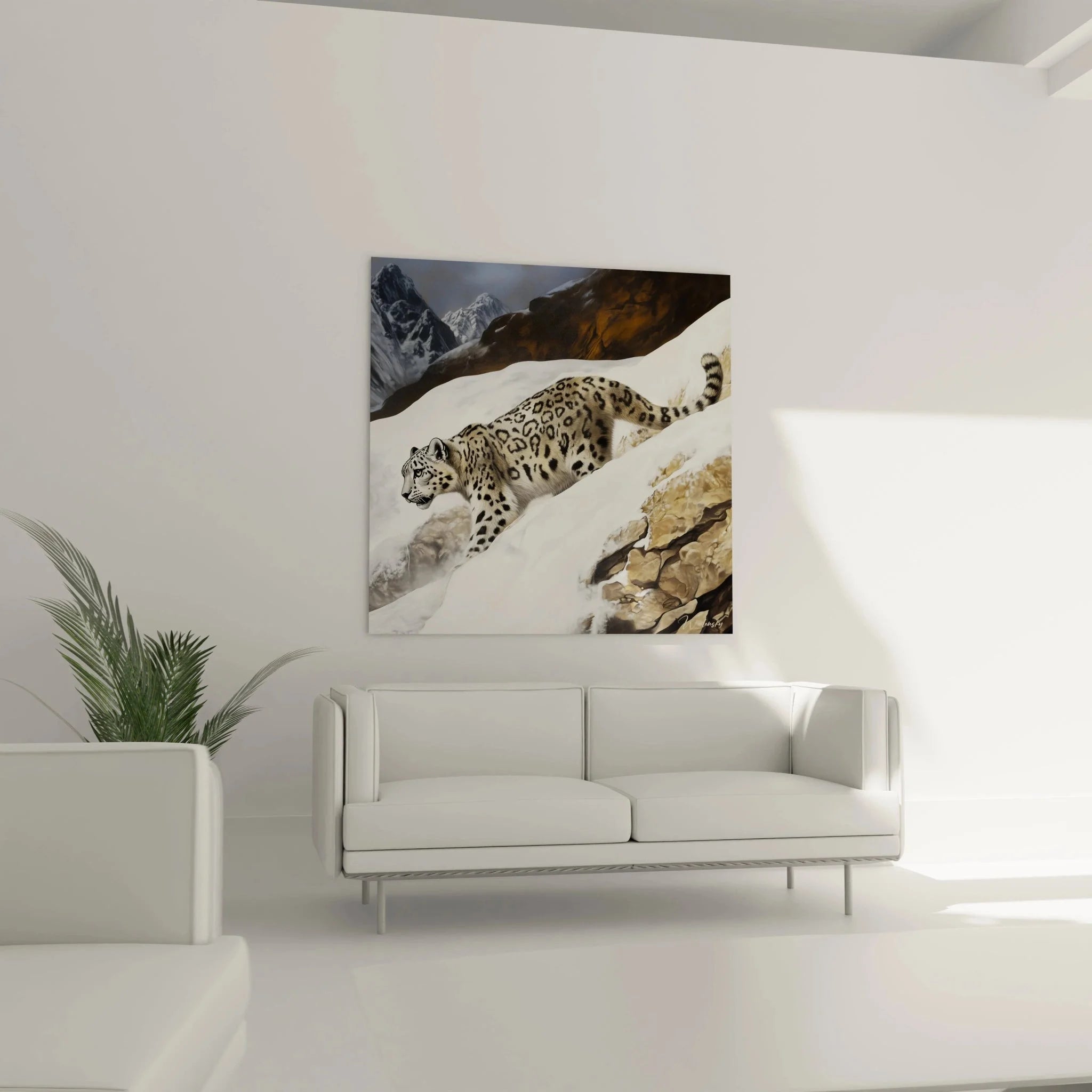 Detailansicht Schneeleopard Wandbild - geflecktes Fell und Berglandschaft Nahaufnahme